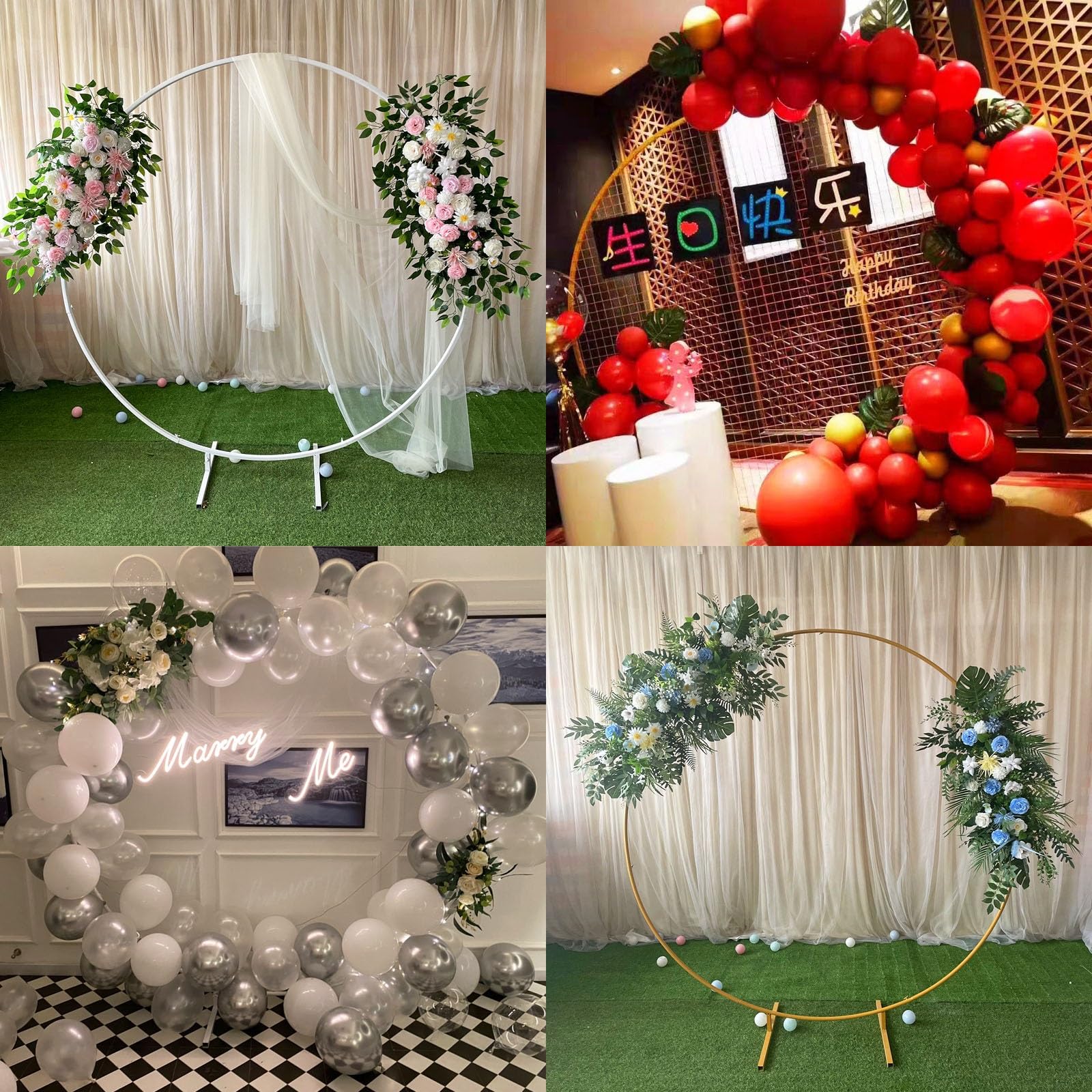 HJXGQJM Kit De Arco De Globo Redondo, Soporte De Arco De Globo, Marco De Arco De Globo Metálico Dorado, Soporte De Telón De Fondo De Boda, Decoración De Fiesta De Graduación, Oro/Blanco(White,240cm)