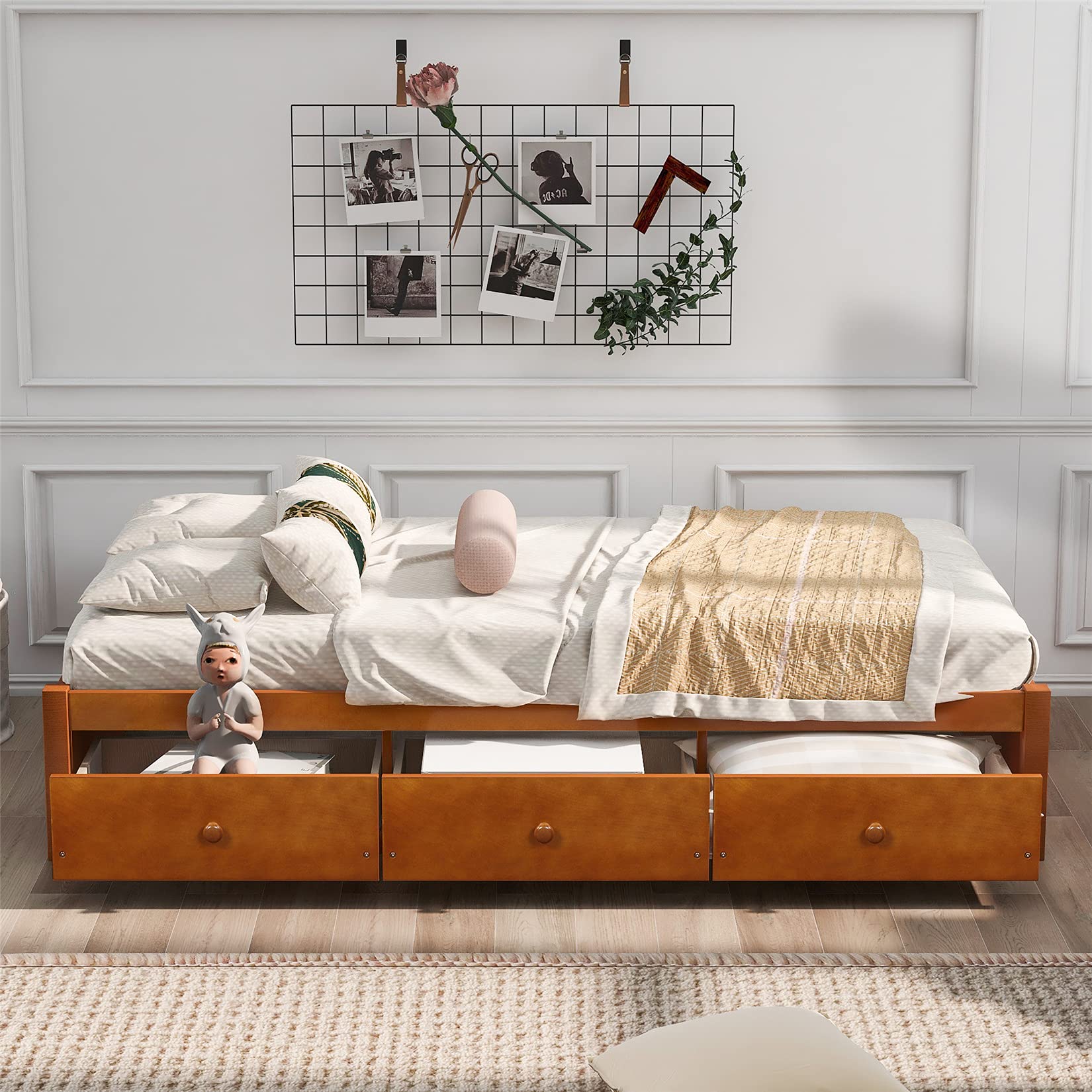Bellemave Twin Size Platform Bed with 3 Storage Drawers, Solid Wood Platform Bed with Support Slats for Kids Teens, No Box Spring Needed, Oak