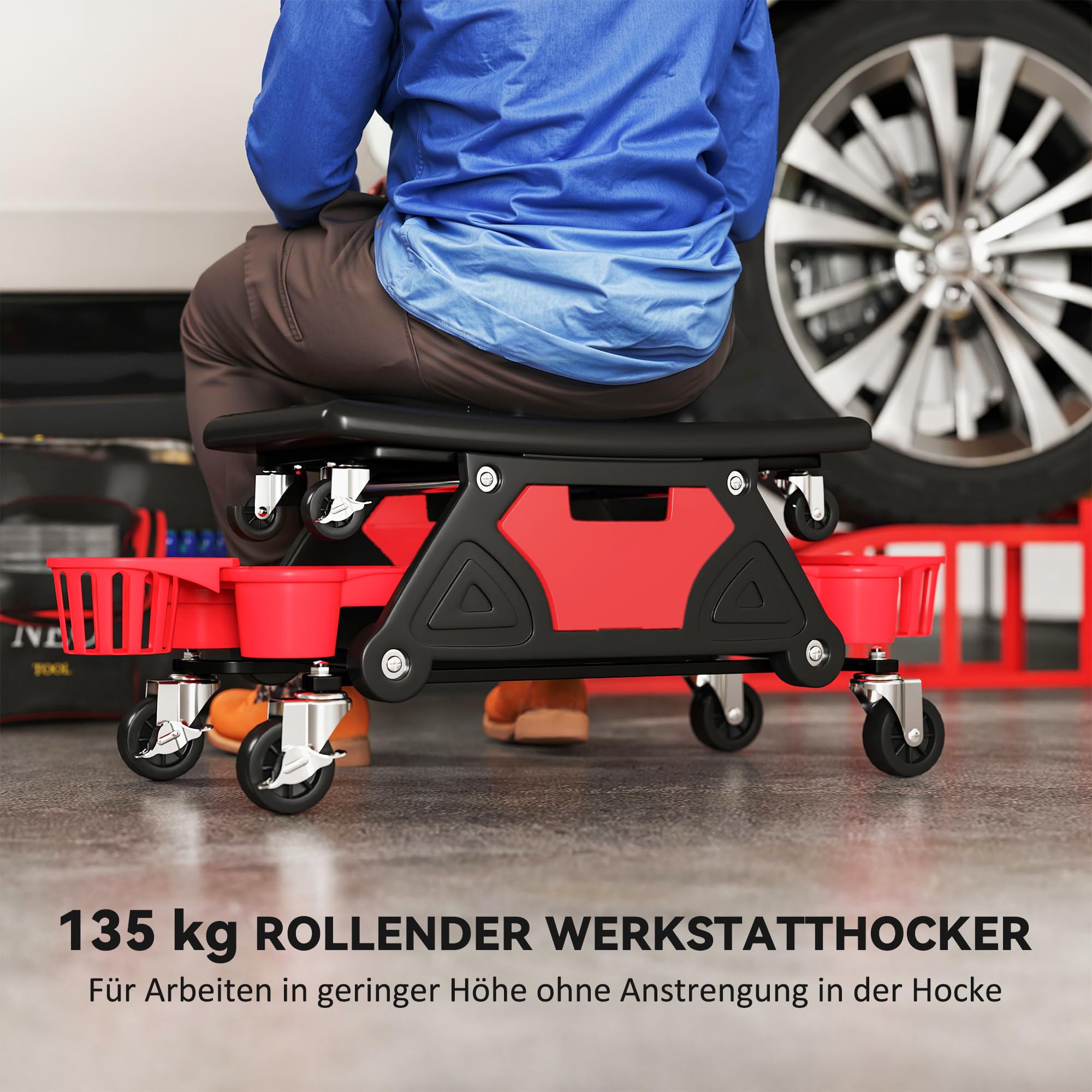 HOMCOM Rolling Mechanic Stool, 135kg Capacity Workshop Stool with 3" Wheels, Roller Creeper Seat with Slide Out Tool Trays, Drawer, Bottle Holders for Garage, Shop, Auto Repair, Red
