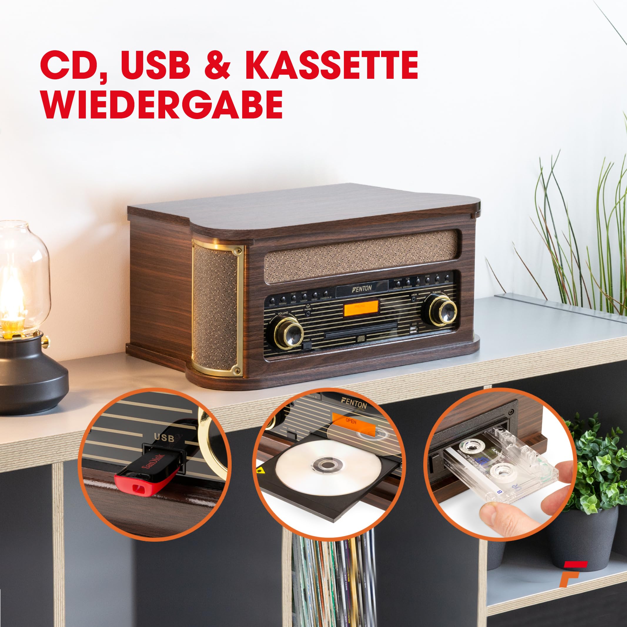 Fenton Memphis, Kompaktanlage mit Plattenspieler Retro, DAB+ Radio, MP3, CD | Retro Schallplattenspieler mit DAB Radio, Bluetooth, Kassettenpieler, USB, Dunkelbraun, FM, Vinyl Player, Kassettenspieler