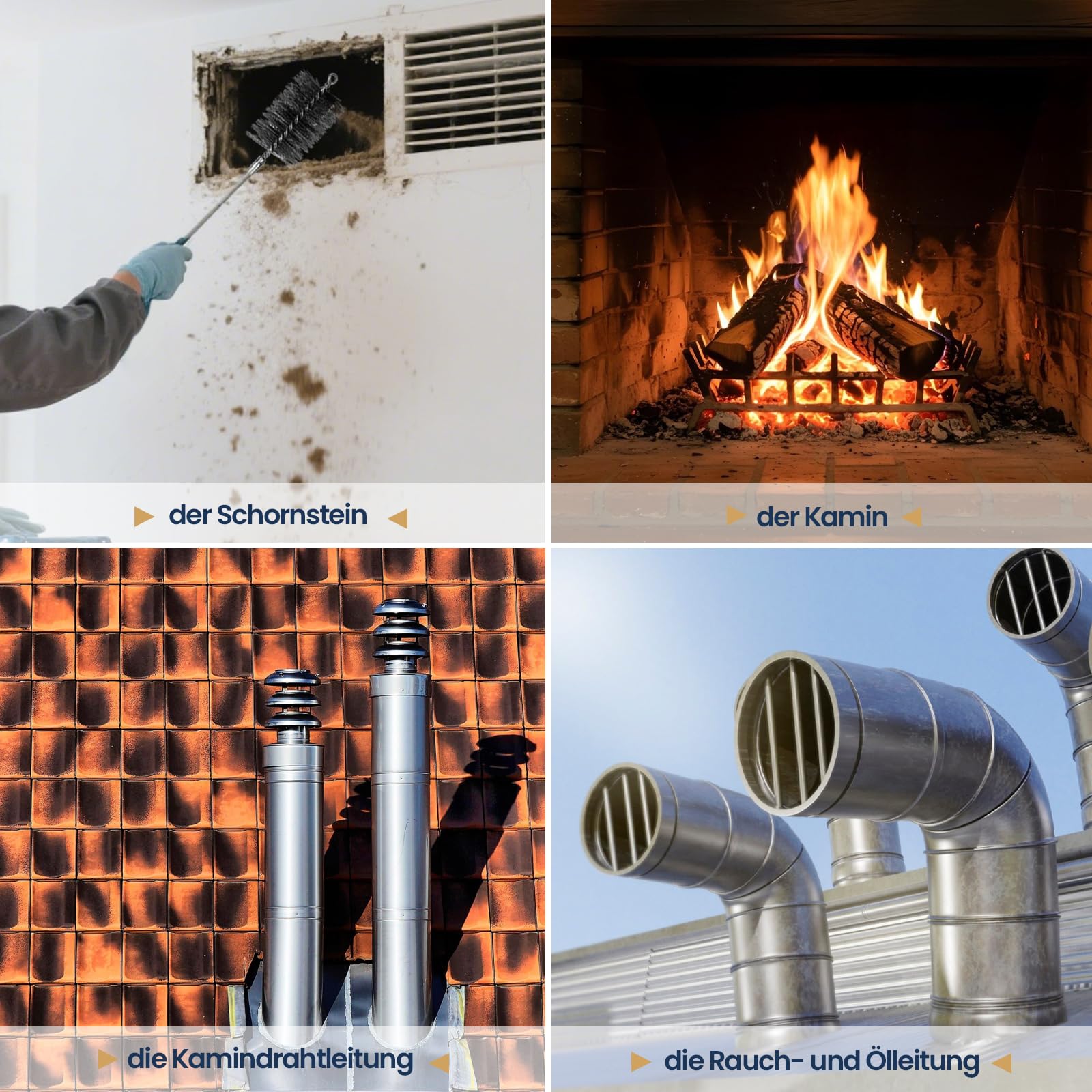 Rohrreinigungsbürste Set, Ofenrohrbürste mit 4 Stahlbürsten 30/50/80/150mm und 1m Flexibler Edelstahl-Schubstange, Schornsteinfeger Bürste für Kamin, Ofenrohr, Rauchrohr & Grill
