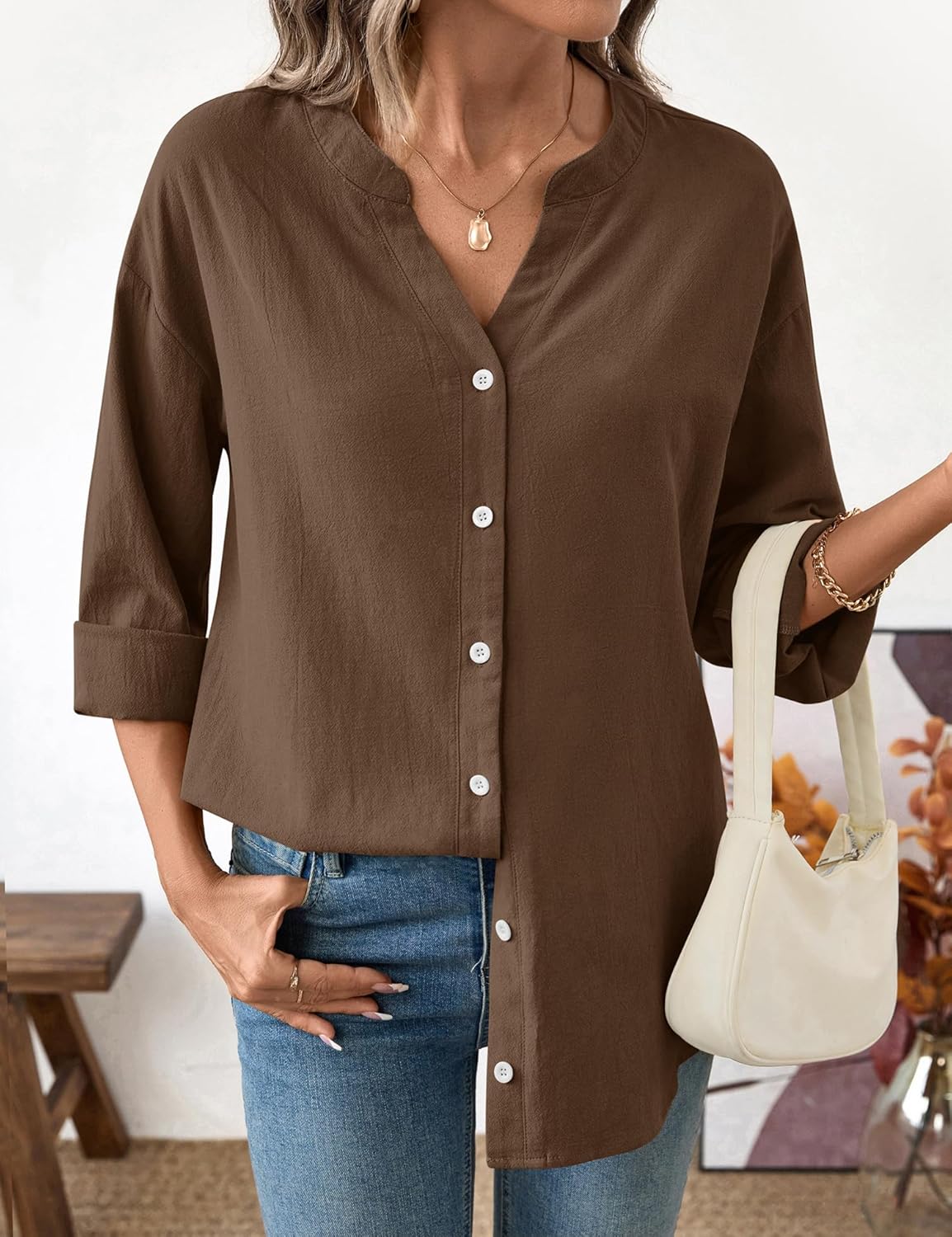 LOMON Womens Button Down Shirts Long Sleeve Cotton Button Up Shirt Linen V Neck Casual Loose Tops Blouses - Image 3