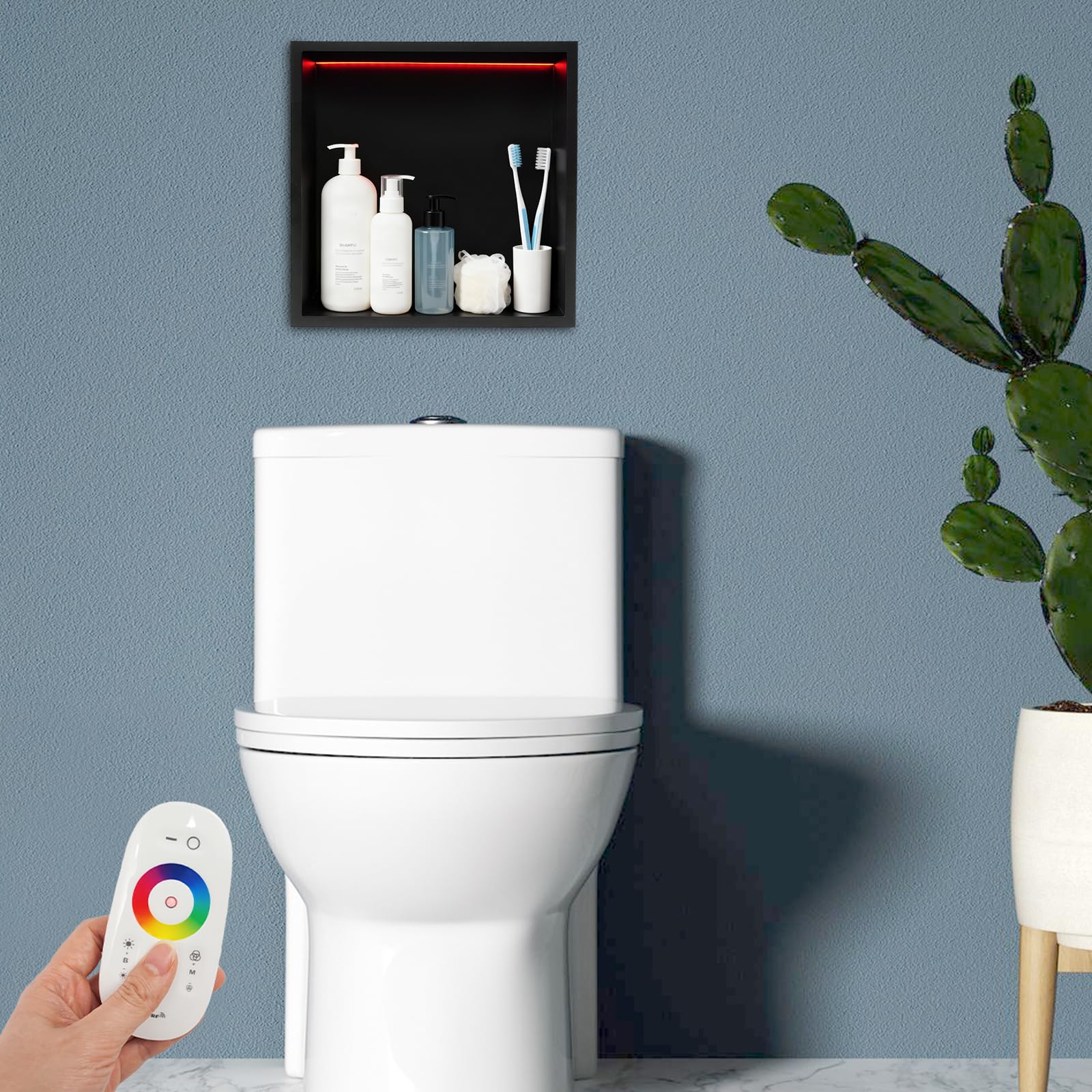 Edelstahl Wandnische mit RGB LED Beleuchtung, 304, Schwarz | Unterputz Wandnische mit RGB LED Beleuchtung und 91,5° Gefälle für Badezimmer und Dusche–inklusive Fernbedienung und Netzteil