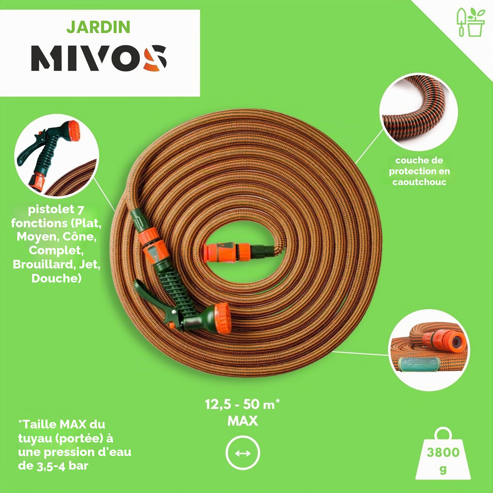 Mivos Tuyau d'arrosage flexible - Jusque 50 m - Pour robinets 1/2" et 3/4" - Léger et sans torsion - Extensible avec douchette de jardin
