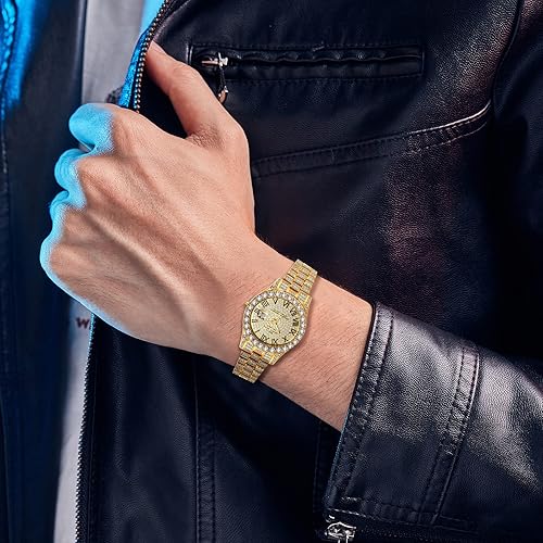 Miniatura 2 de JewelryWe Mens Iced Out Watches Round Quartz Calendar Wristwatch Hip Hop Gold Plated Stainless Steel Dress Watch for Christmas