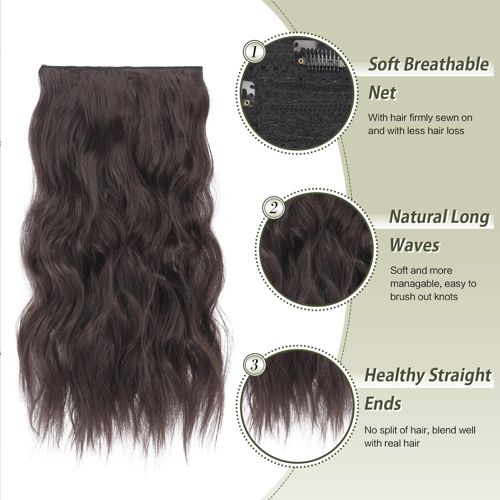 FESHFEN Clip in Hair Extensions 4PCs Long Wavy Thick Hair Piece Highlighted Full Head Synthetic Natural Curly Dark Brown Extension for Women 16 Inch - Image 3