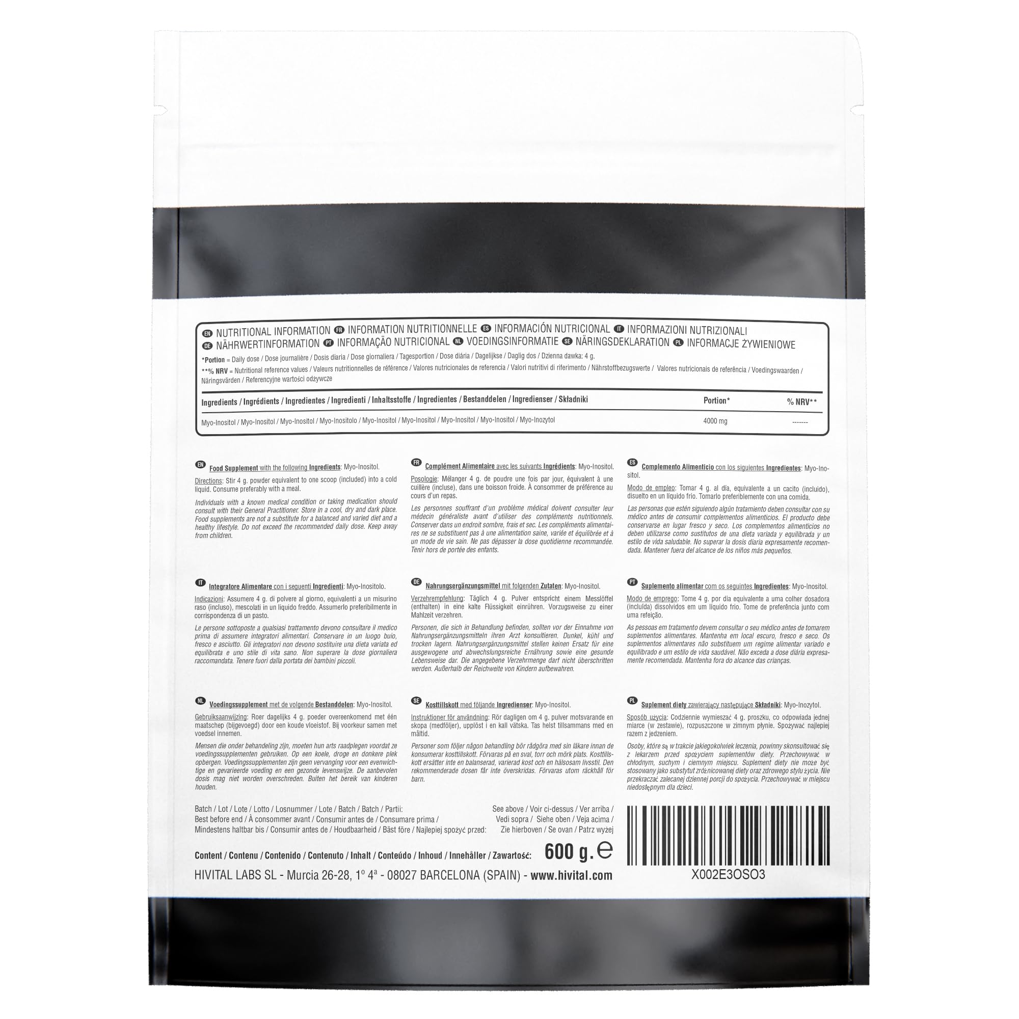 Myo Inositolo 4000 mg. Pack da 600 g. per 5 mesi di trattamento. Regolatore ormonale 100% Vegano. Il Myo-Inositolo per aiutare con la PCOS o PCOS. Prodotto in Europa da HIVITAL