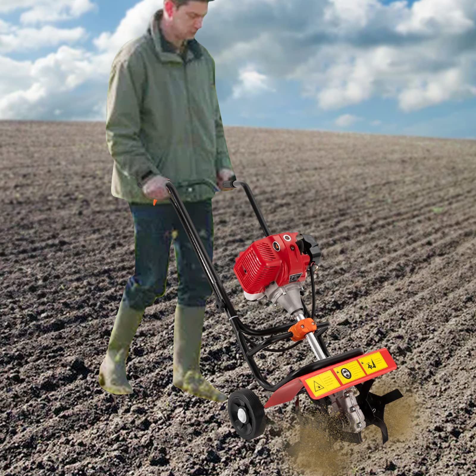 Gas Tiller,52CC 2 Stroke Garden Cultivator Gas Powered,Gasoline Garden Farm Tilling Rototiller for Lawn, and Field Soil Cultivation