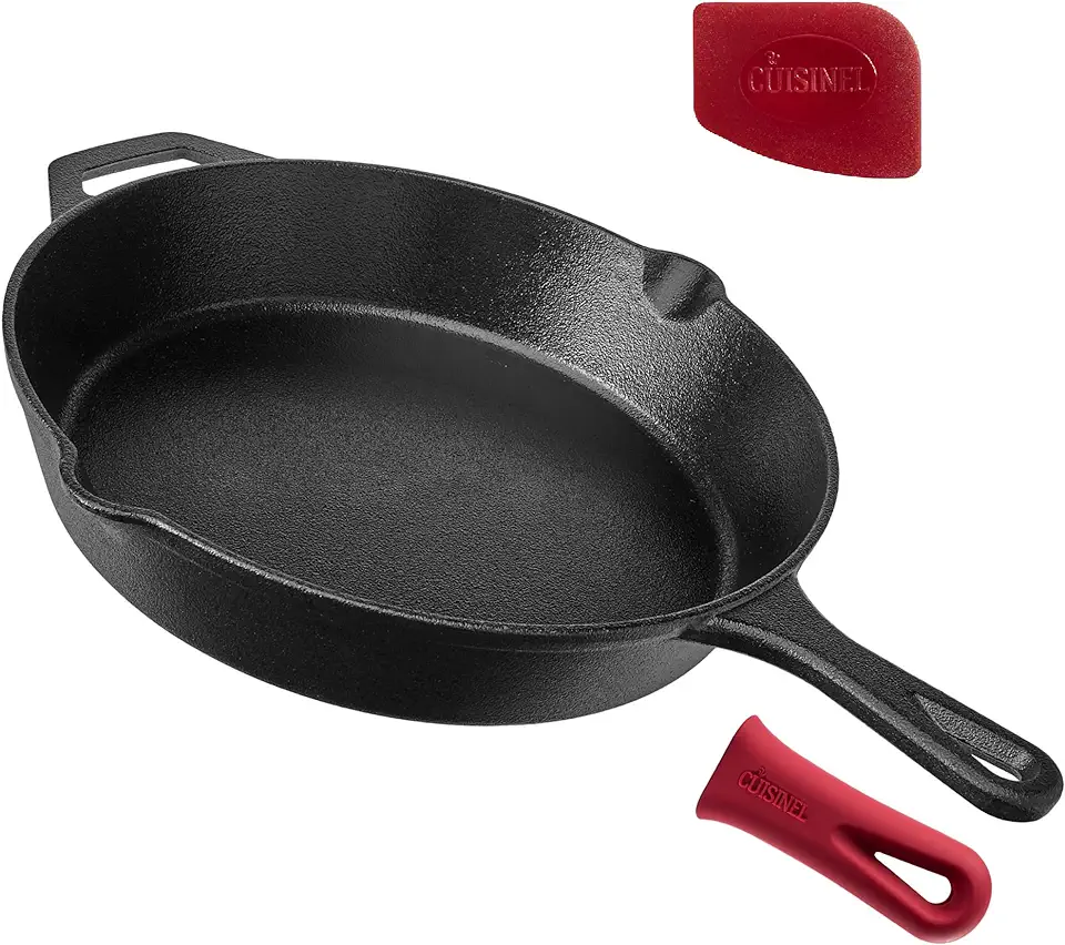 Cuisinel Cast Iron Skillet - 12"-Inch Frying Pan with Assist Handle + Red Silicone Grip Cover - Pre-Seasoned Oven Safe Cookware - Indoor/Outdoor Use -