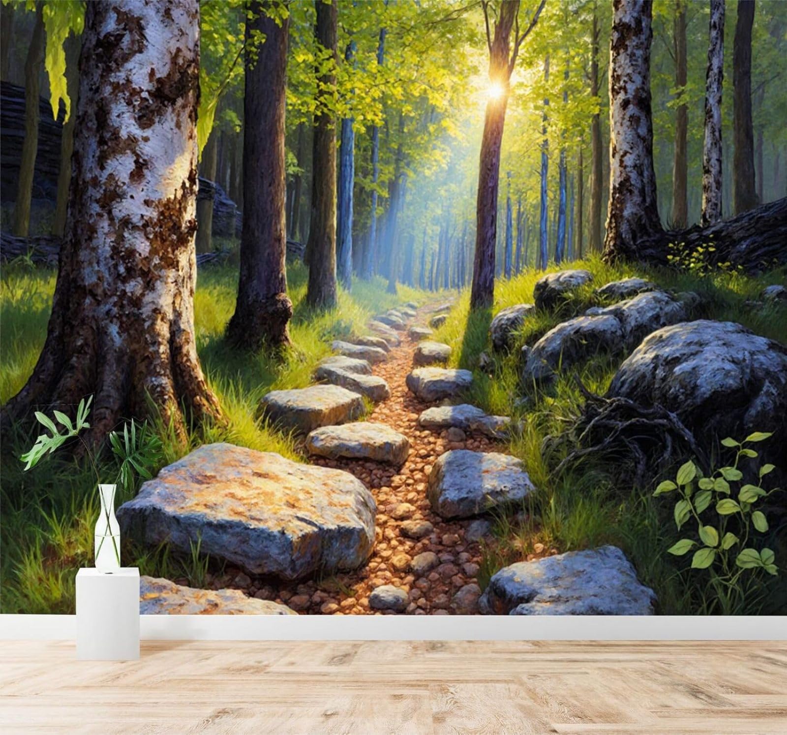 XLMING Sunlight Forest Path Green Trees Stones Morning Light 3D Wallpaper Silky Texture Home Study Office Grey Dining Room Sofa Bedroom Living Room TV Backdrop-250cm×170cm
