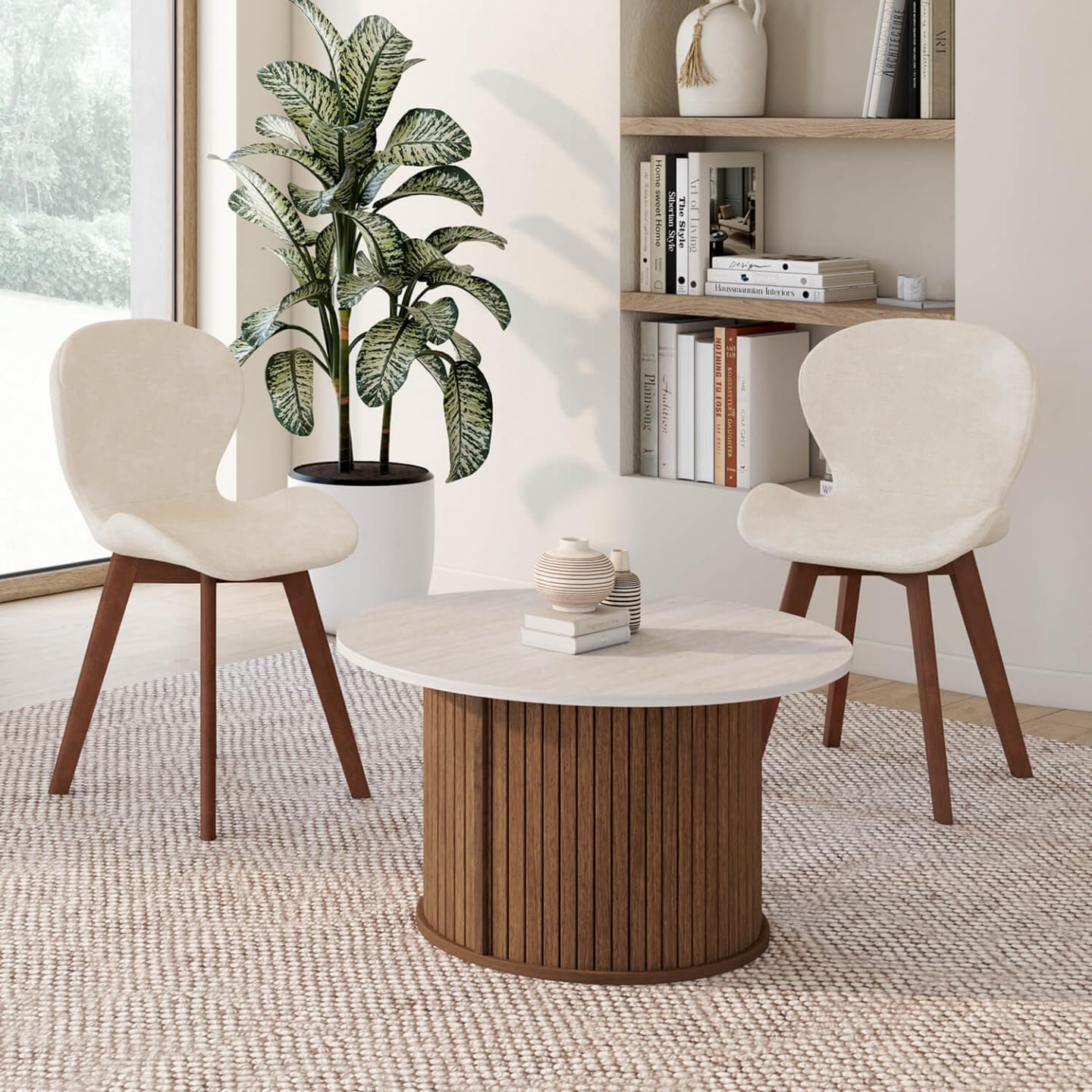IDMarket - Lot de 6 chaises ROBINE en Tissu Chenille Beige Pieds Noyer