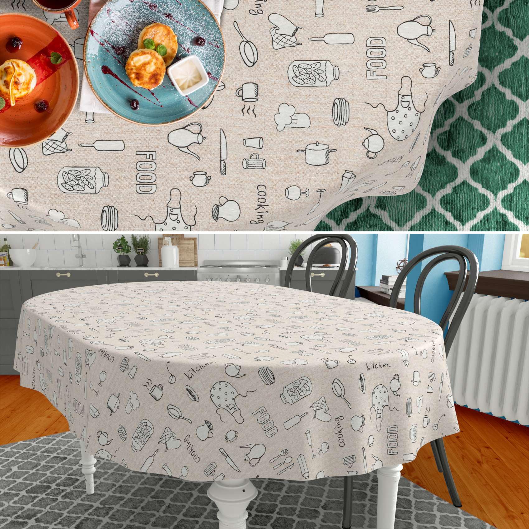 ANRO Nappe enduite Motif Cuisine Ovale 280x140 cm intérieur/extérieur