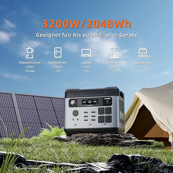 OUKITEL Solargenerator 3200W mit 200W Solarpanel, 2048Wh Tragbare Powerstation (6400W Peak), LiFePO4 Batterie, 220V-240V, 1 Std Schnellladung, für OutdoorCamping, Reise, Stromausfälle - 2