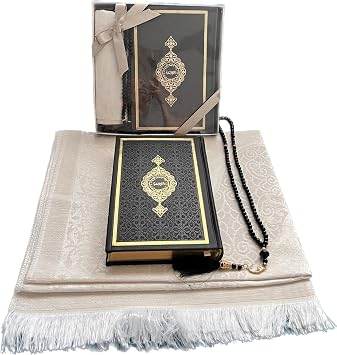 Decoret Muslim Prayer Rug, Quran & Prayer Beads I 3 Pieces Set I Perfect Islamic Gift I Muslim for Women & Men I Luxury Islamic Gifts I Premium Eid Gift Black