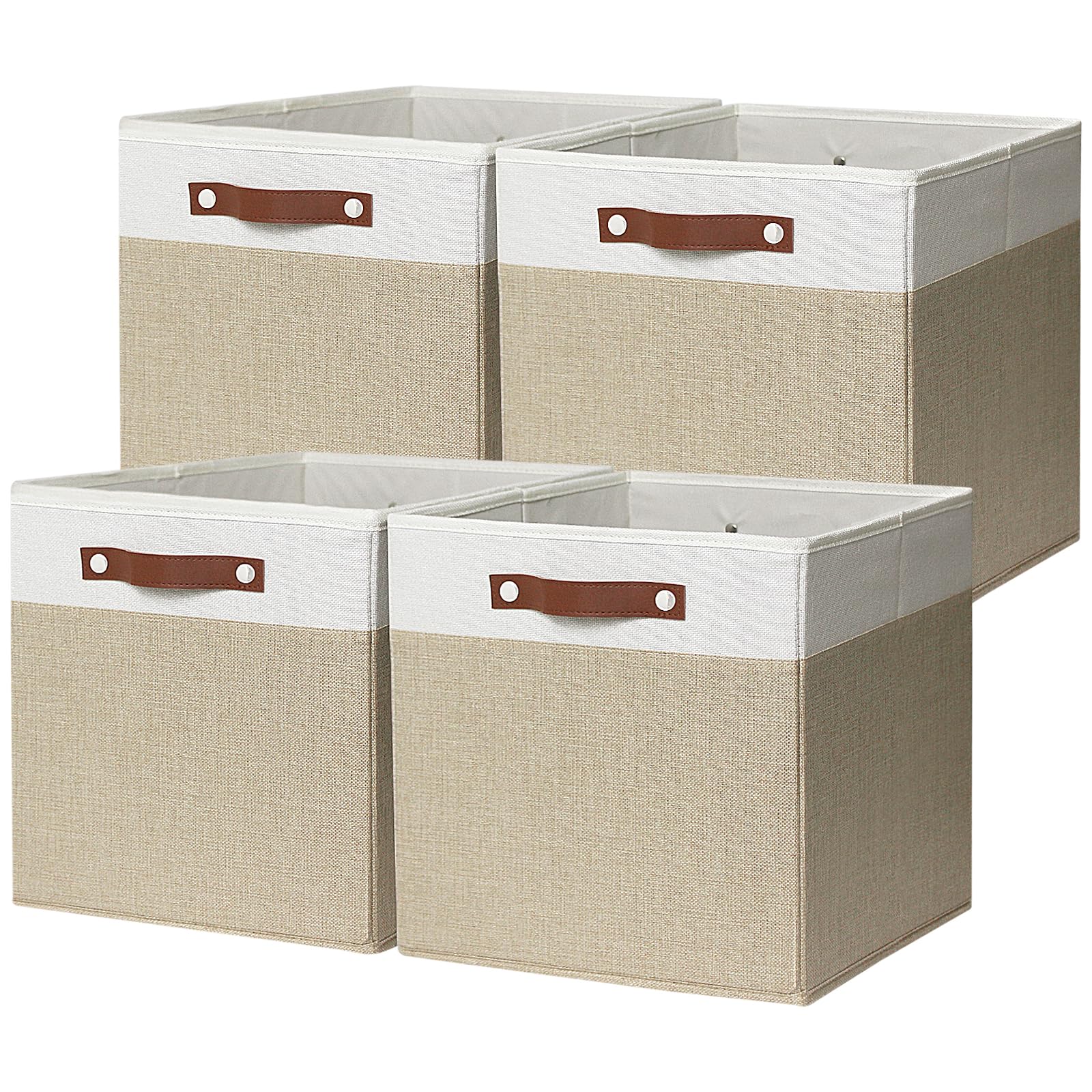 EITMOW 13 inch Open Collapsible Fabric Storage Bins with Vegan Leather Handles, Sturdy Cube Storage Baskets for Shelves, Closet, Nursery, and Home