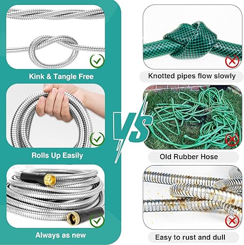 Miniatura 6 de Manguera de jardín de metal de 50 pies, manguera de metal versión 2024 con diseño mejorado, boquilla de 10 funciones, accesorios universales de 34