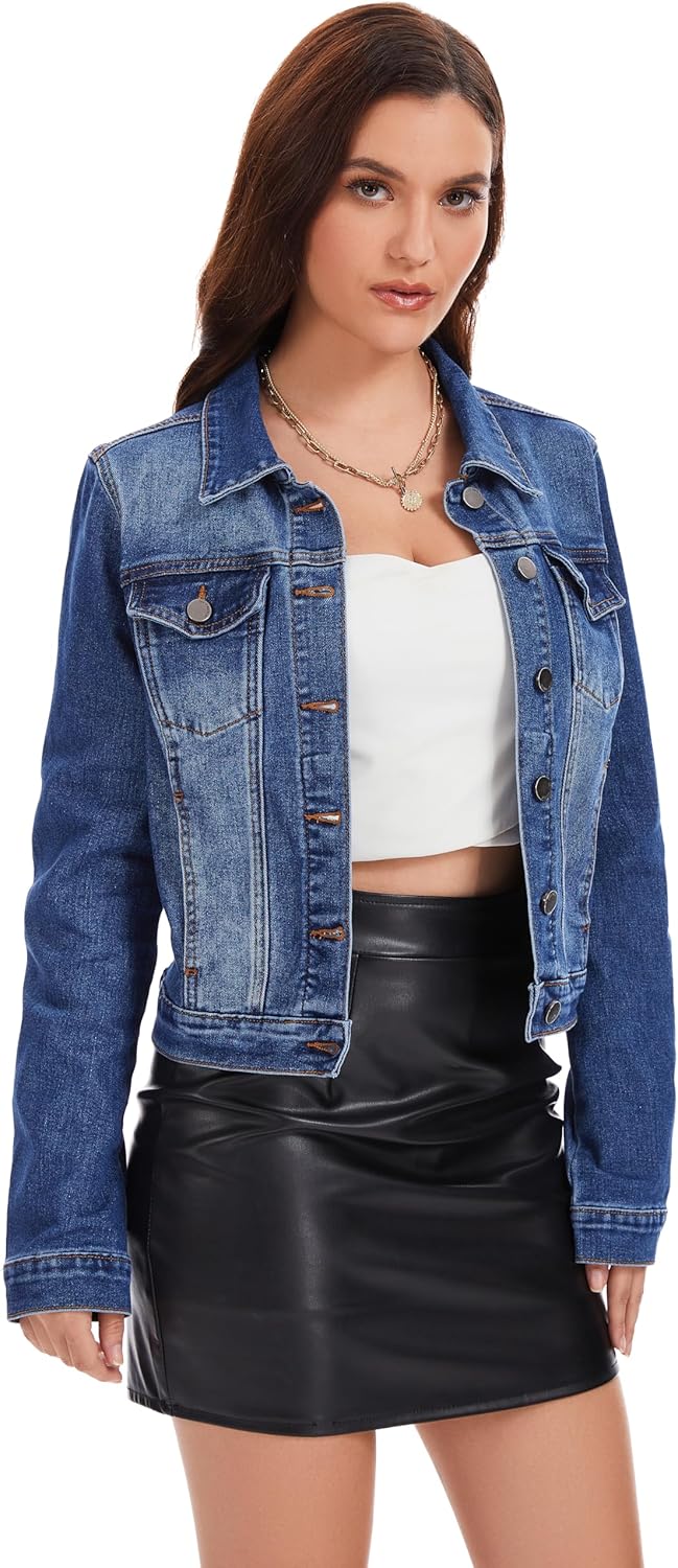 andy & natalie Women's Jean Jacket Stretch Cropped Button Down Denim Jackets Fitted Classic Jacket with Pockets - Image 4