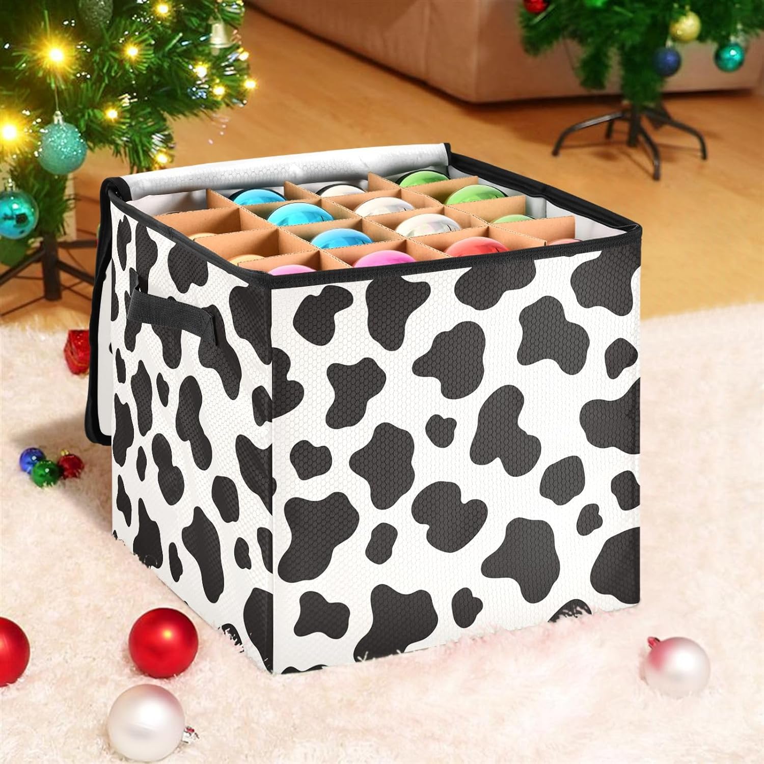 High Capacity Christmas ornament organizer Holds Up to 64, Adjustable Dividers, Zippered Top, Two Handles foldable Holiday Storage Case with Lid,Cow Print Black White