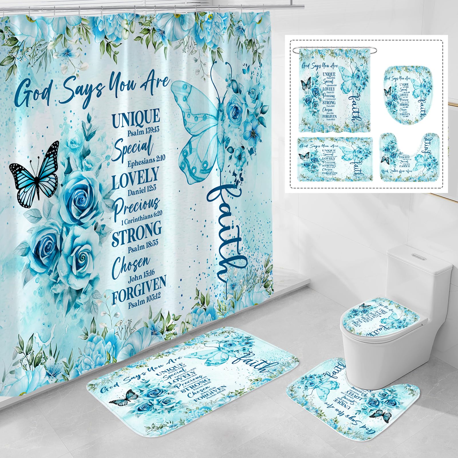 Blue Butterfly Shower Curtain Set - Inspirational Quotes -11