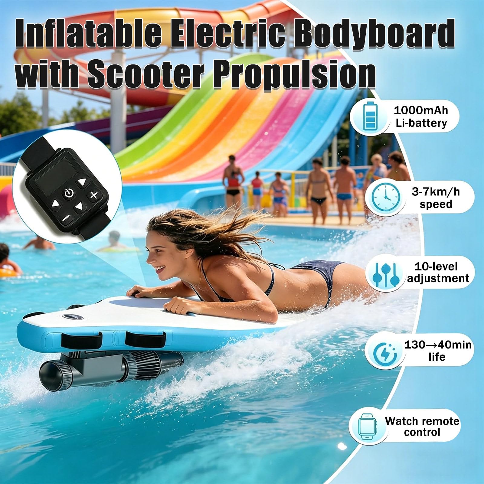Tabla de Bodyboard Eléctrica e Inflable Portátil, Scooter Subacuático de 500 W 10000 mAh con Autonomía de 40-130 min, 10 Velocidades, 3-7 km/h, Esnórquel y Actividades Recreativas Acuáticas