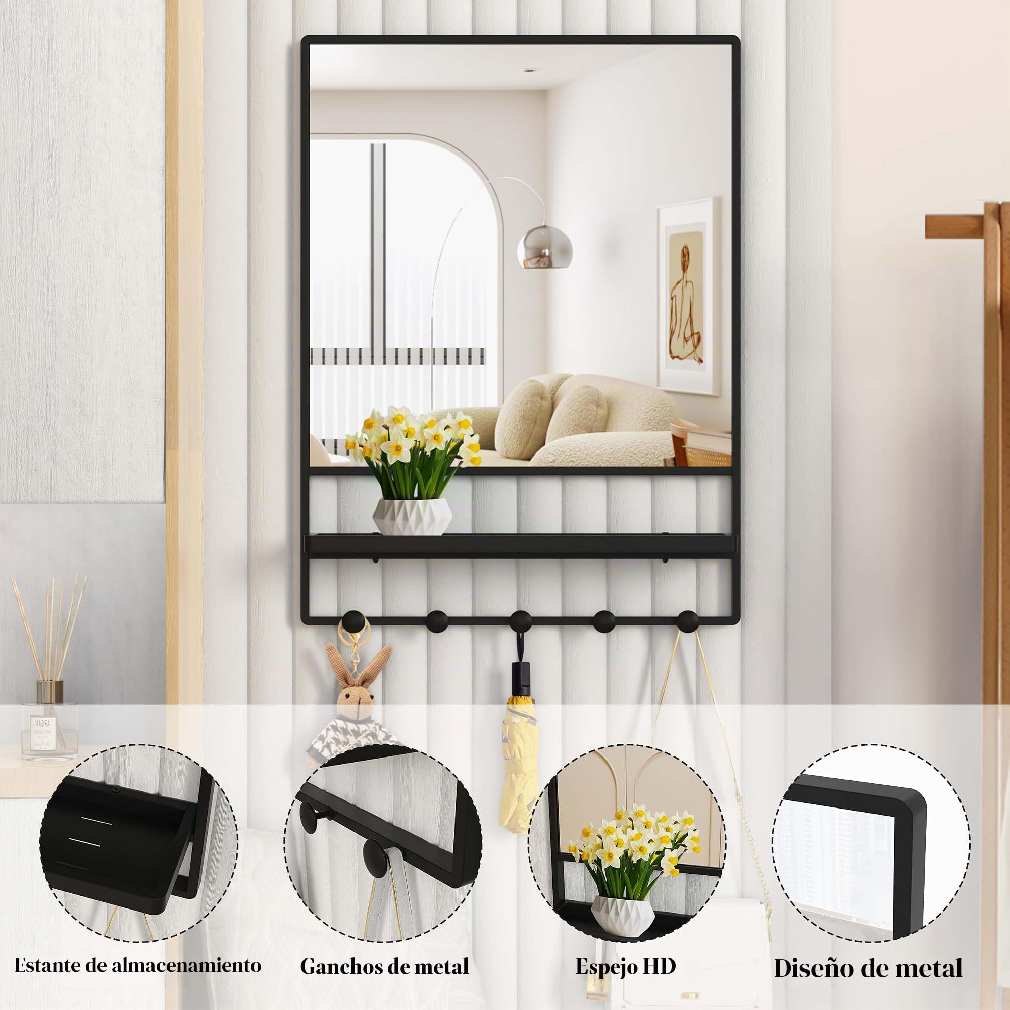 Espejo de Pared con Estante y Ganchos, Espejo de tocador con Gancho, 21 x 28 Pulgadas con Marco de Metal, Espejo Decorativo para baño, Entrada, Dormitorio, Sala de Estar (Negro, 21 x 28)