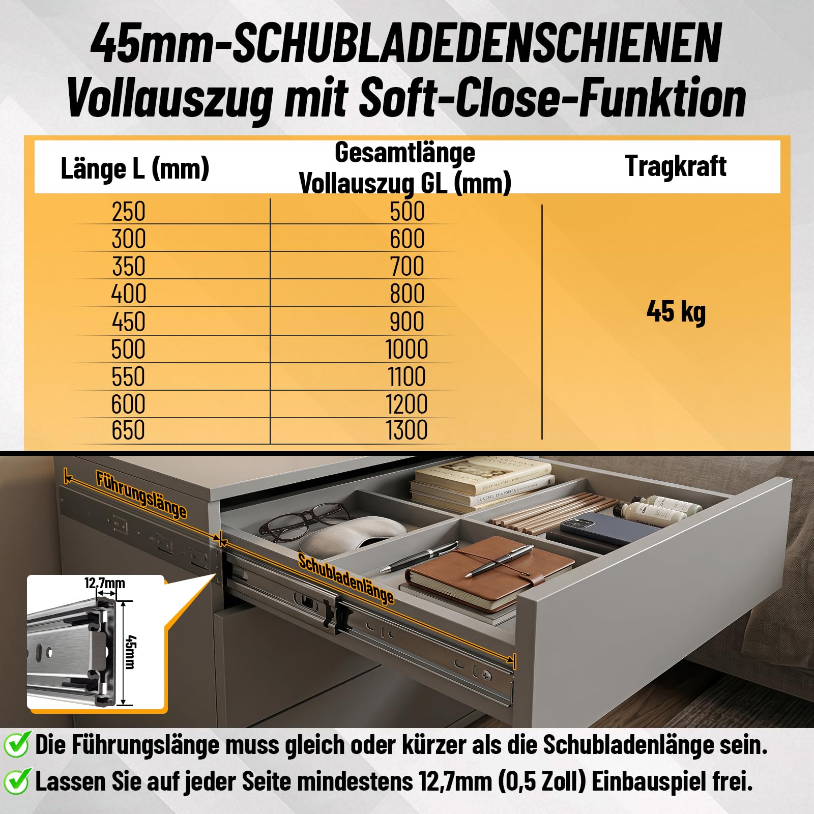 Szyny do szuflad 450 mm z pełnym wysuwem Soft-Close udźwig 45 kg, łatwy montaż do szafek kuchennych, warsztatów i mebli, 4 pary