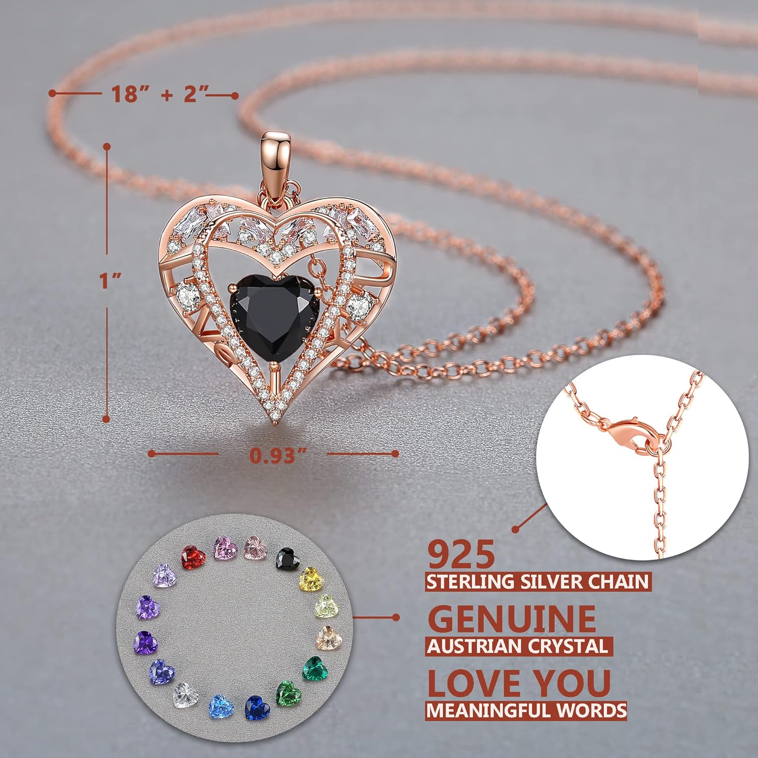 5 Heart Crystal Necklace 18K Rose Gold Plated - Pendant with 18”+2” 925 Sterling Silver Chain - Birthstone Jewelry for Women and Girls - Gift for Birthday, Christmas - Image 3