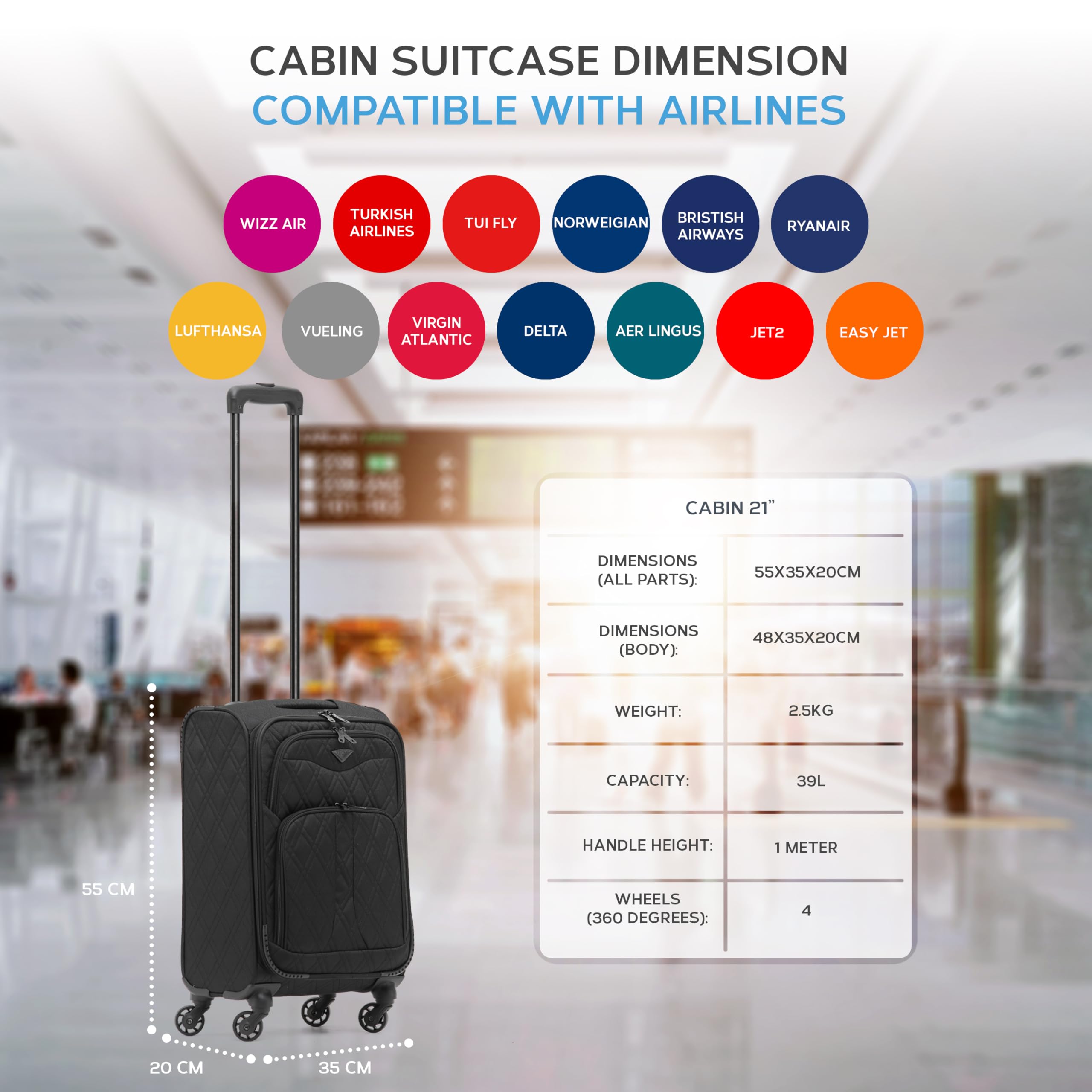 Flight Knight Lightweight 4 Wheel 800D Soft Case Quilted Suitcase Robust Anti Crack Cabin Carry On Hand Luggage Approved for Over 100 Airlines Including easyJet, BA & Many More!