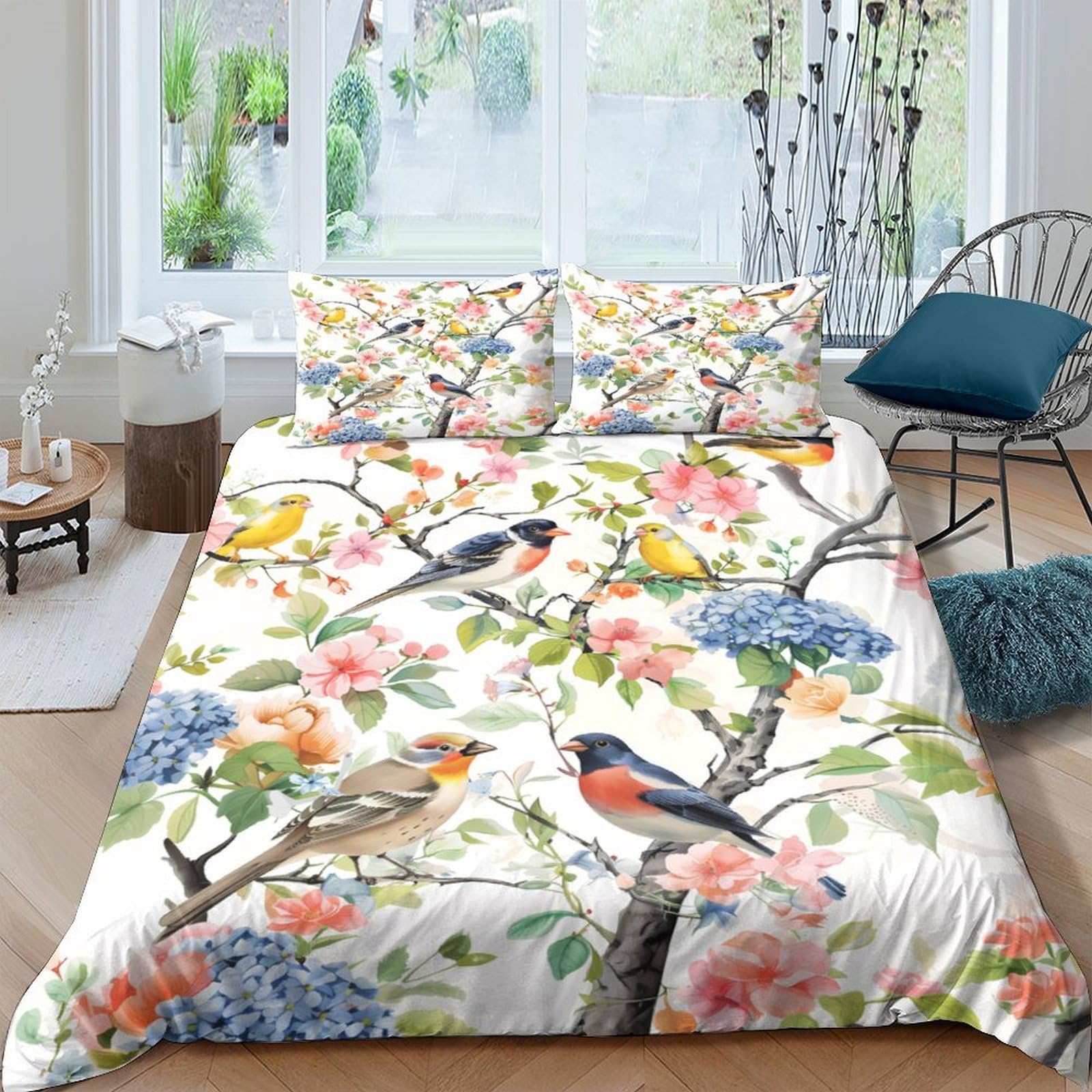 P5V6M1Q9 3D Printed Floral Birds Duvet Cover Microfiber Soft Breathable Nature Branches Bedding Set with 2 Pillowcases for Bedroom Decor, Single（135x200cm）