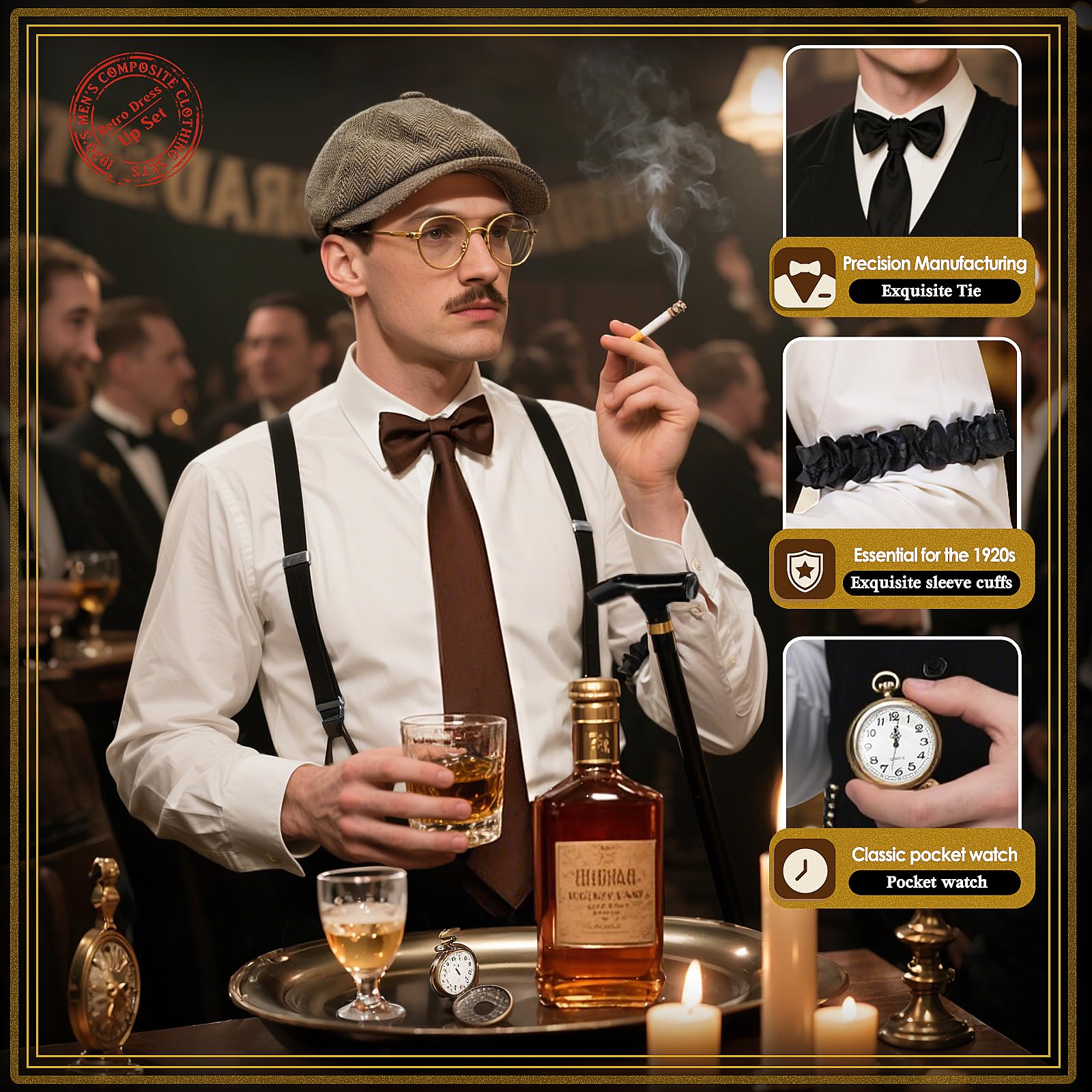 1920s Mens Costume Accessories Set, Vintage Gentleman Gatsby Gangster Fancy Dress with Adjustable Metal Folding Cane Pocket Watch Bow Tie Glasses Cuffs Beard Magnifier for Roaring 20s Themed Party - Image 3