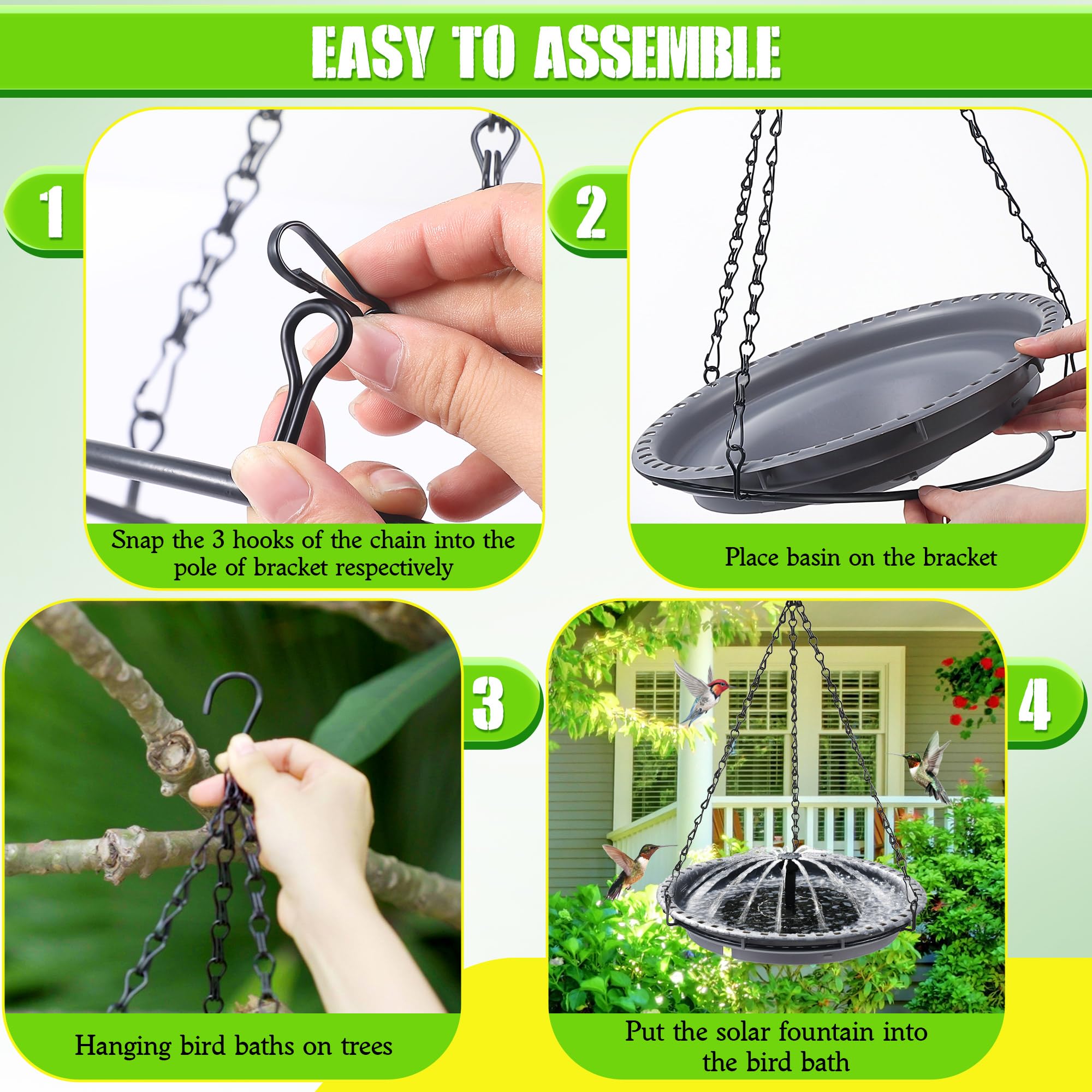 Fuente solar de baño para pájaros para exteriores con 4 patrones de agua | Juego combinado de bomba de agua de colibrí con energía solar colgante para jardín, patio, césped