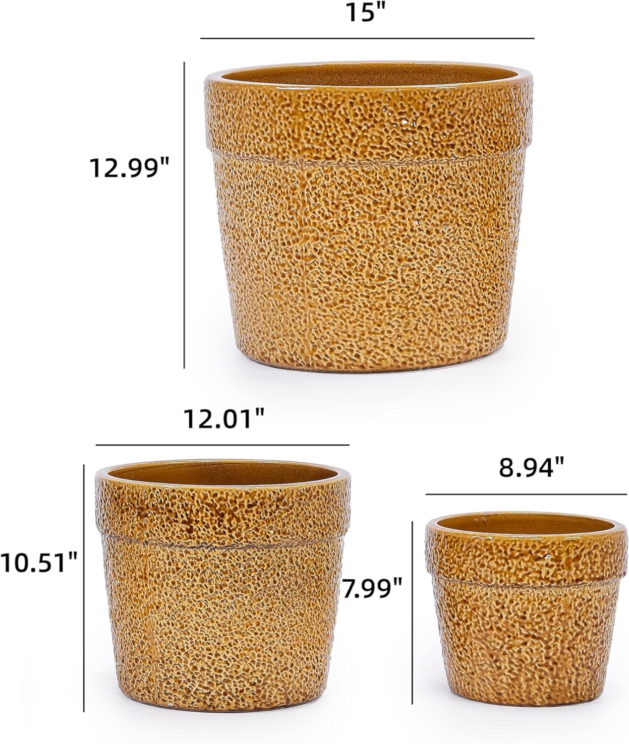 Ceramic Planters Set of 3, 15/12/9 Inch Indoor & Outdoor Large Plant Pots with Drainage Hole, Handmade Speckled Glaze Decorative Flower Pots for Indoor Plants, Patio & Garden, Antique Yellow