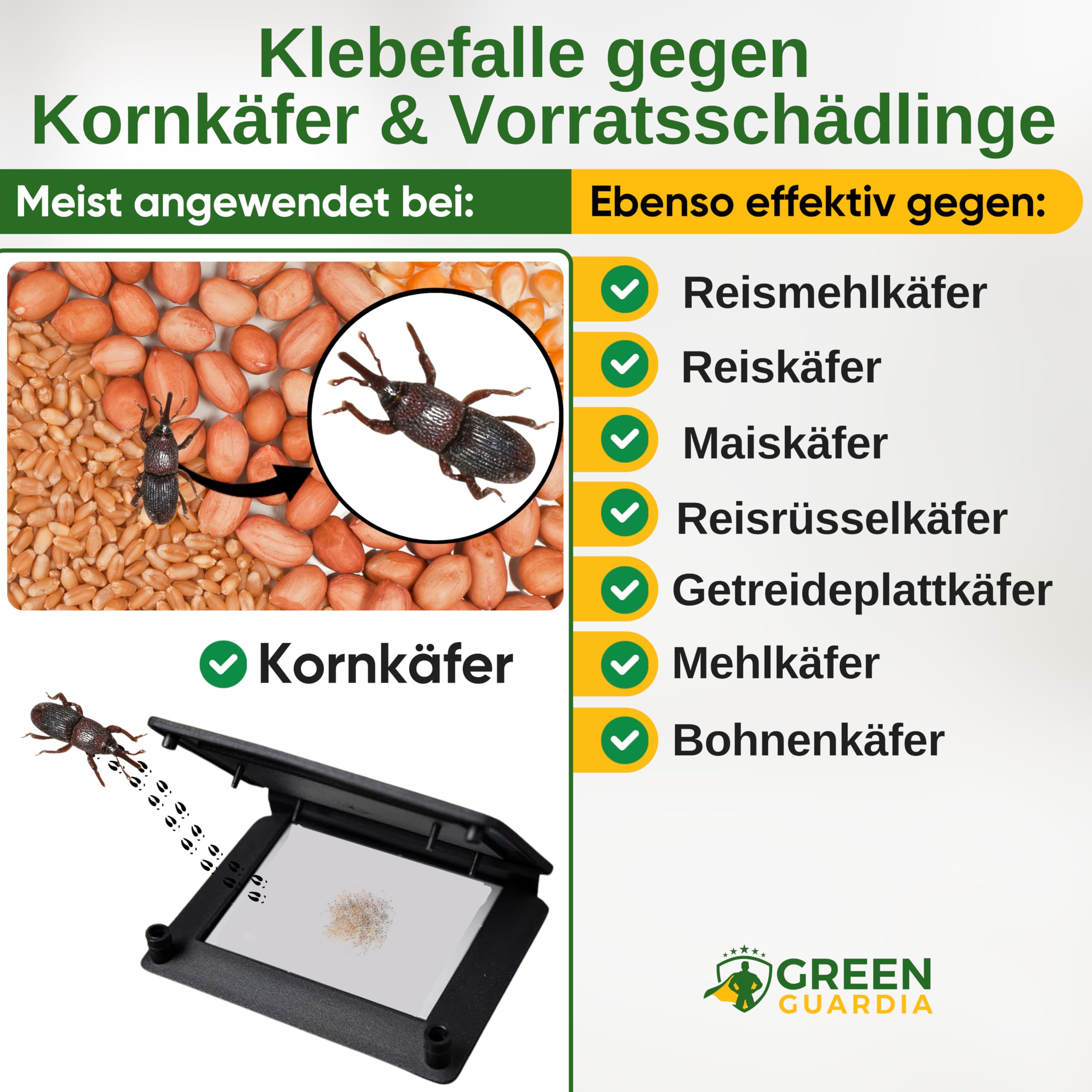 GREEN GUARDIA Kornkäfer Falle mit Pheromon-Lockstoff - 10x Fallen - umweltfreundlich Kornkäfer bekämpfen, Chemiefreie Pheromonfalle mit austauschbaren Klebeflächen, giftfrei und geruchsneutral