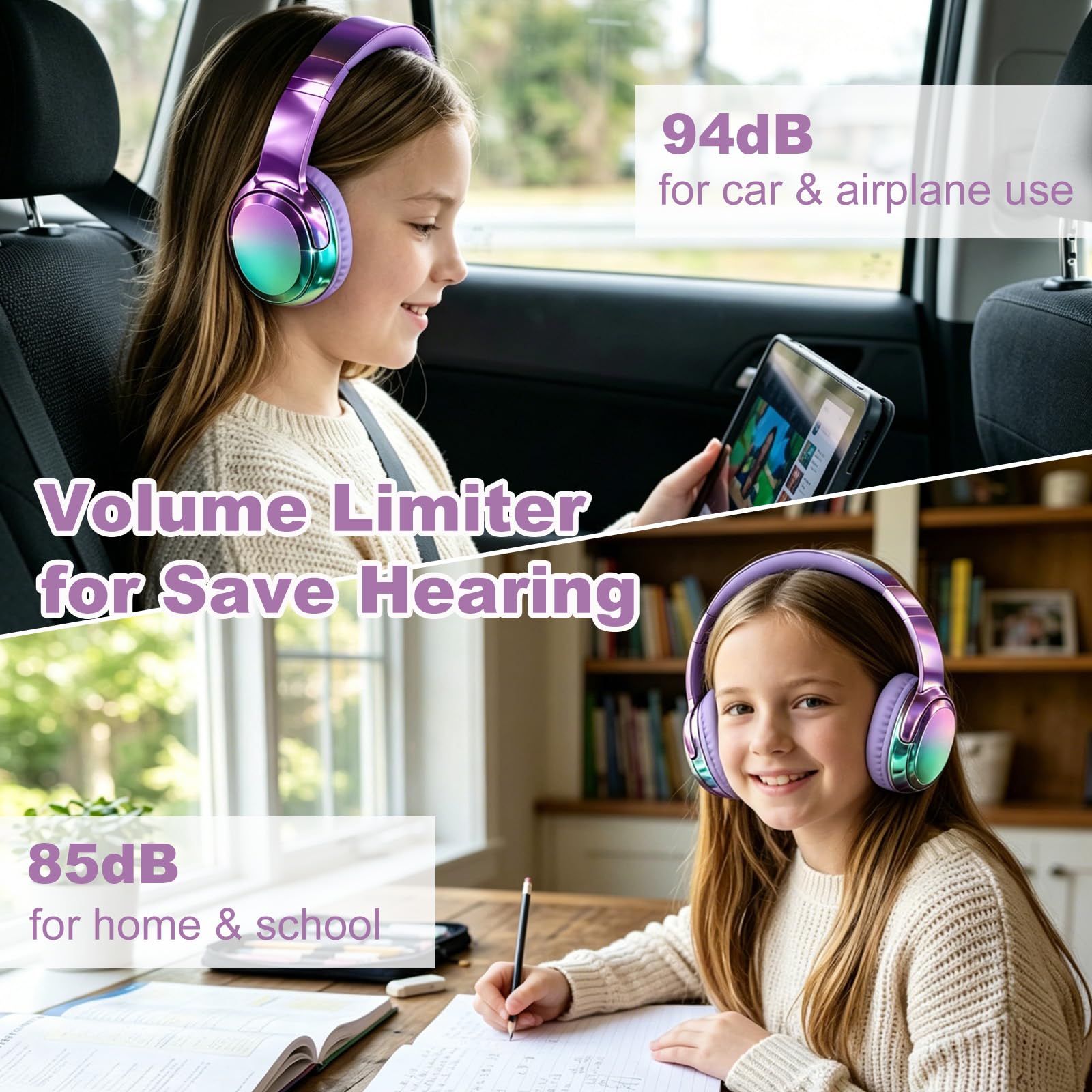 Joysico Auriculares Bluetooth para niños, adolescentes, niñas, mujeres, con micrófono, tiempo de reproducción de 55 horas, límite de volumen de 85/94 dB, cable auxiliar para uso escolar, viajes