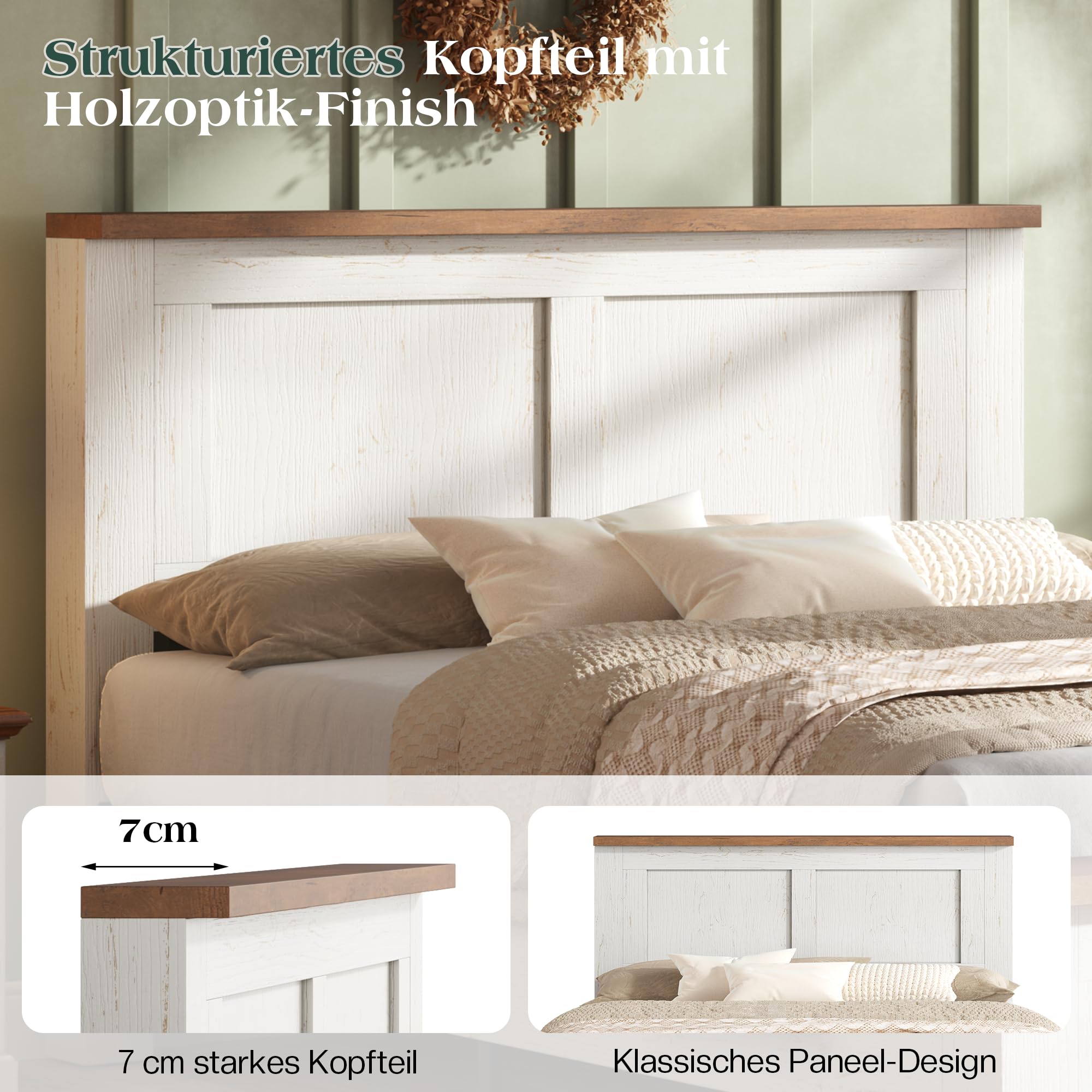 LUXOAK Bett mit Lattenrost, Bettgestell in Holzoptik mit Kopfteil im Rillen-Design, Modernes Holzbett im skandinavischen Stil, 15,5 cm Bodenfreiheit,Weiß (Weiß, 160 × 200 cm)