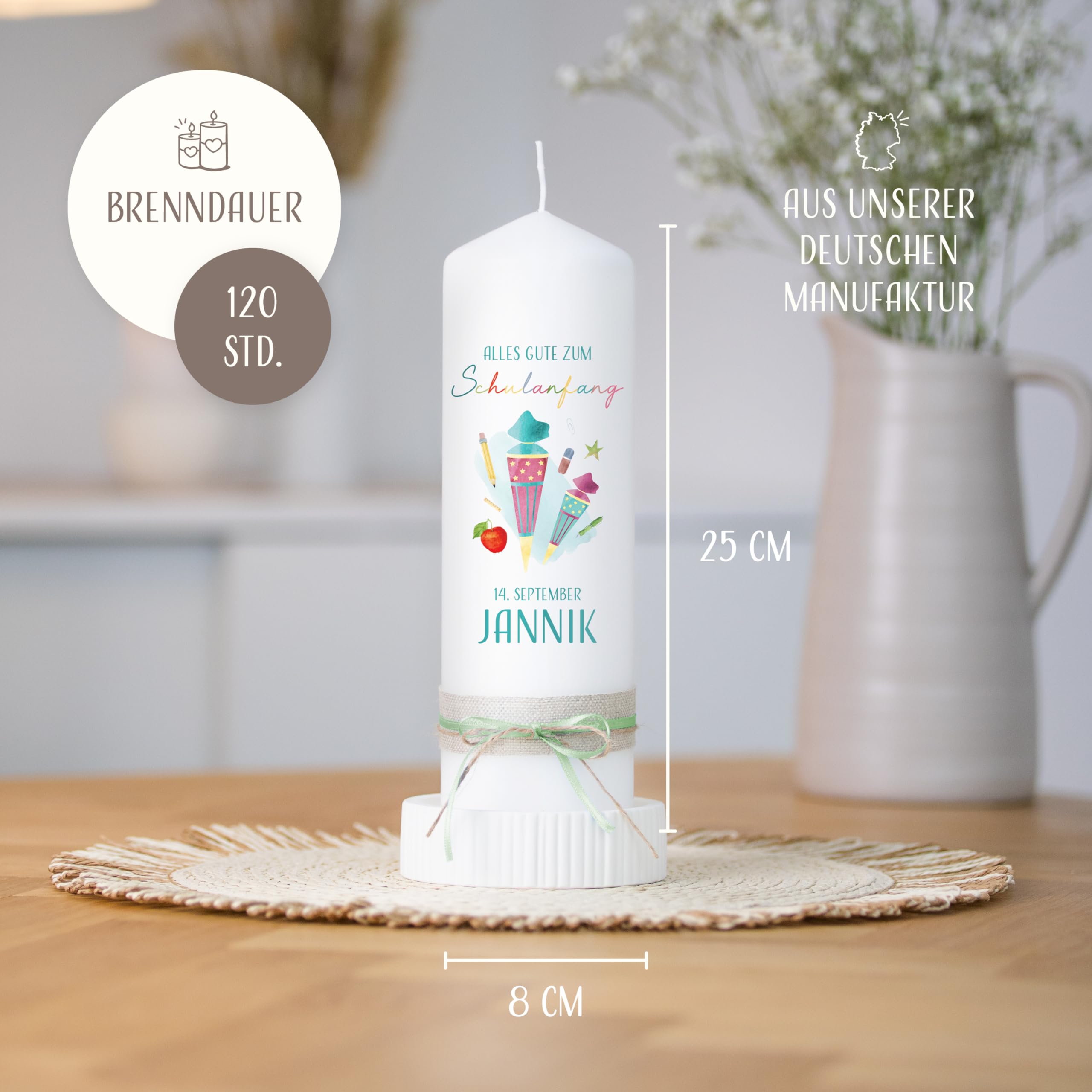 AMARI ® Schulanfangskerze personalisiert 25/8 cm - Individuelle Kerze mit Namen & Aufschrift zur Einschulung - Geschenk zum Schulstart