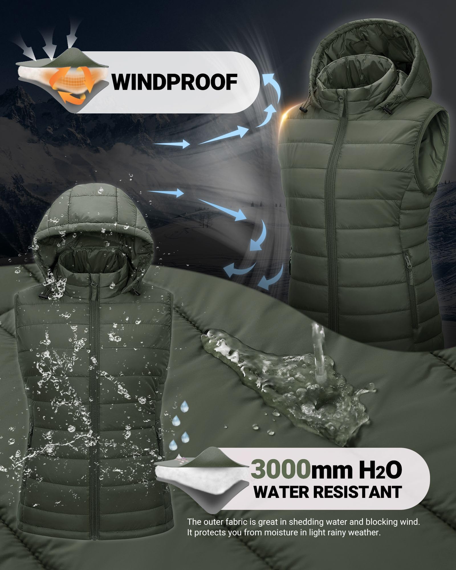 Outdoor Ventures Gilet matelassé à capuche pour femme - Gilet de transition pliable - Veste de sport hybride doublée - Gilet de cyclisme chaud avec col montant