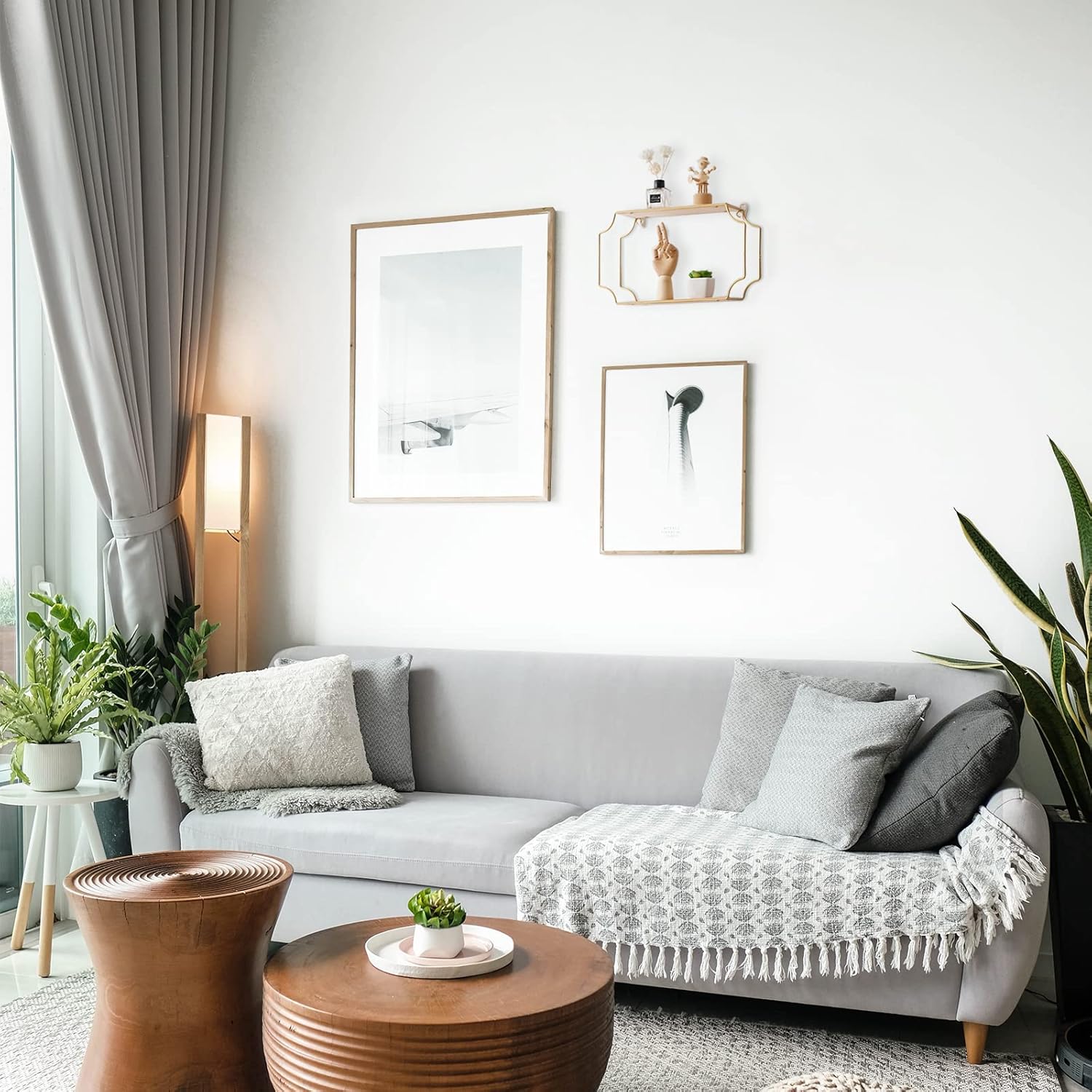 Rectangular Floating Shelves Wall Decor, Gold Metal Wire and Wood Wall Mounted Large Space Storage Shelf Home Decorations Art for Bedroom Living Room Kitchen Bathroom, Set of 3