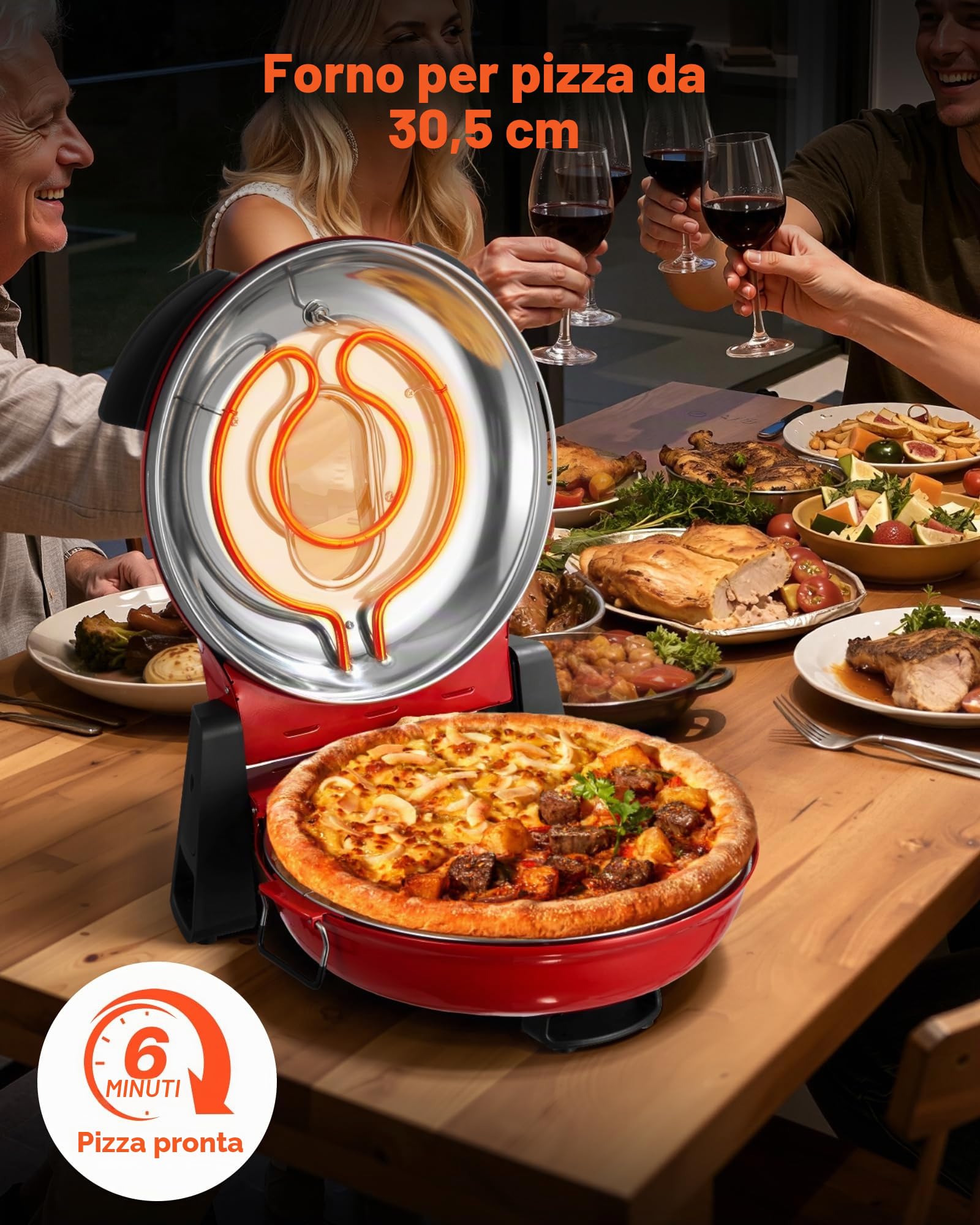 VEVOR Forno Elettrico per Pizza da 30,48 cm, Cuoci Pizza Elettrico per la Casa 1200 W con Pietra in Cordierite, Temperatura a 5 Modalità, Finestra di Visualizzazione, Riscalda Fino a 420 °C, Rosso