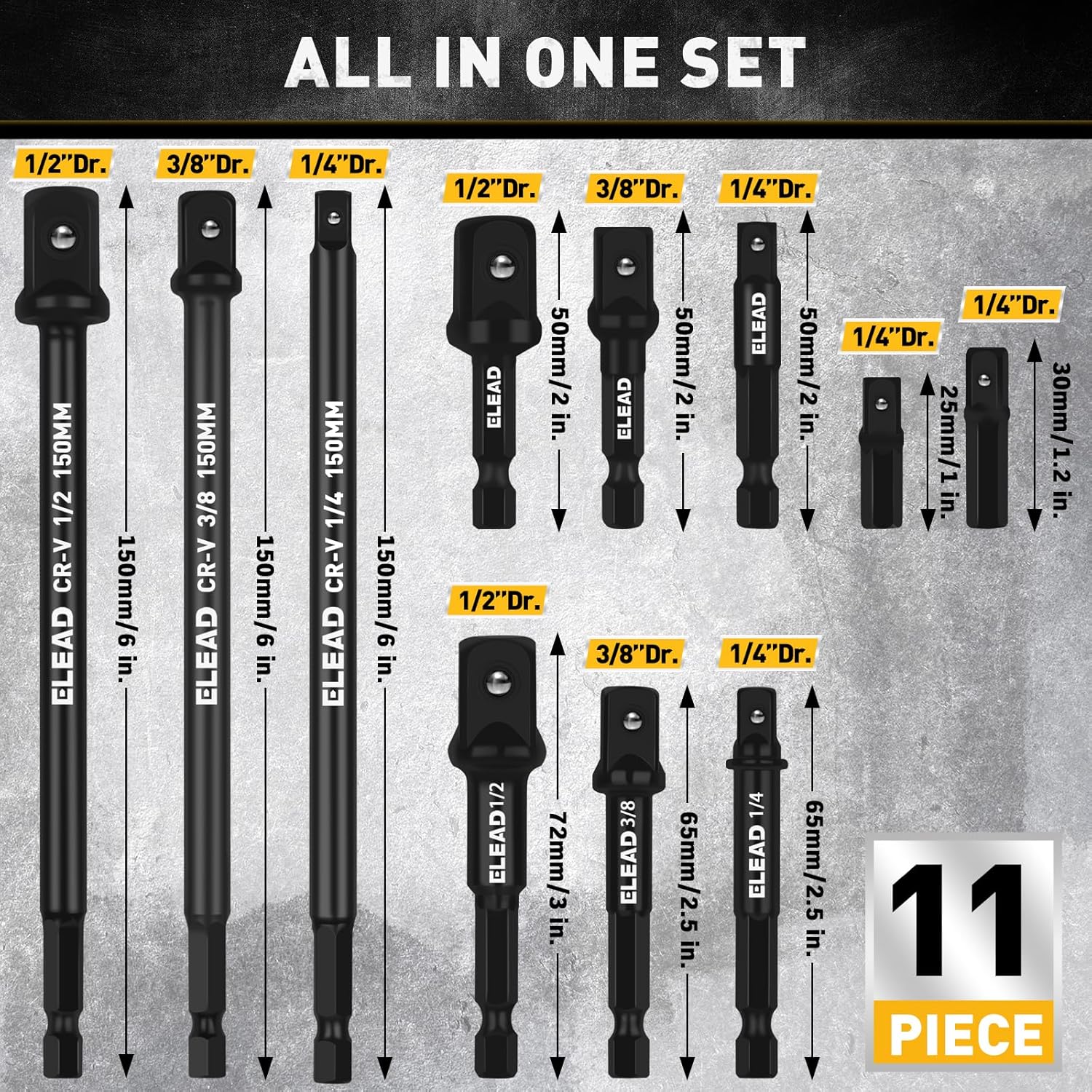 11-Piece Impact Socket Adapter Set, 1/4-Inch Hex Shank, 1/4" 3/8" 1/2" Impact Socket Driver Set, Drill Sockets Extension Bit, Sockets Driver Adapter, Drill Extension with Holder - Image 2