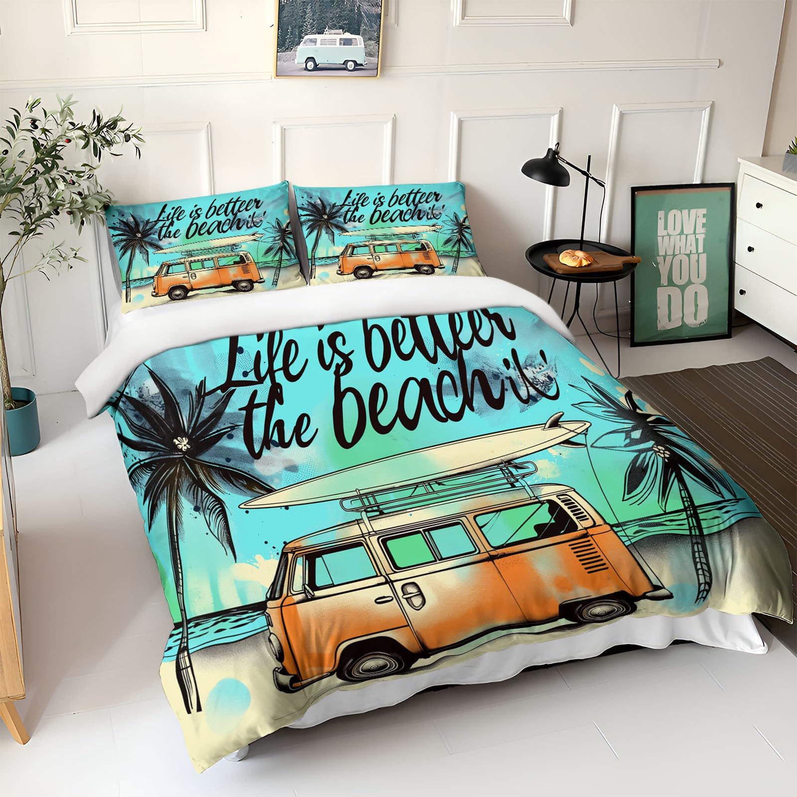 Housse de Couette 200 x 200 cm - Parure de Lit 2 Personnes Van de Plage Cocotiers, Ultra Douce et Respirante, Linge de Lit Coloré avec Fermeture Éclair, Inclut 2 Taies d'oreiller 65 x 65 cm