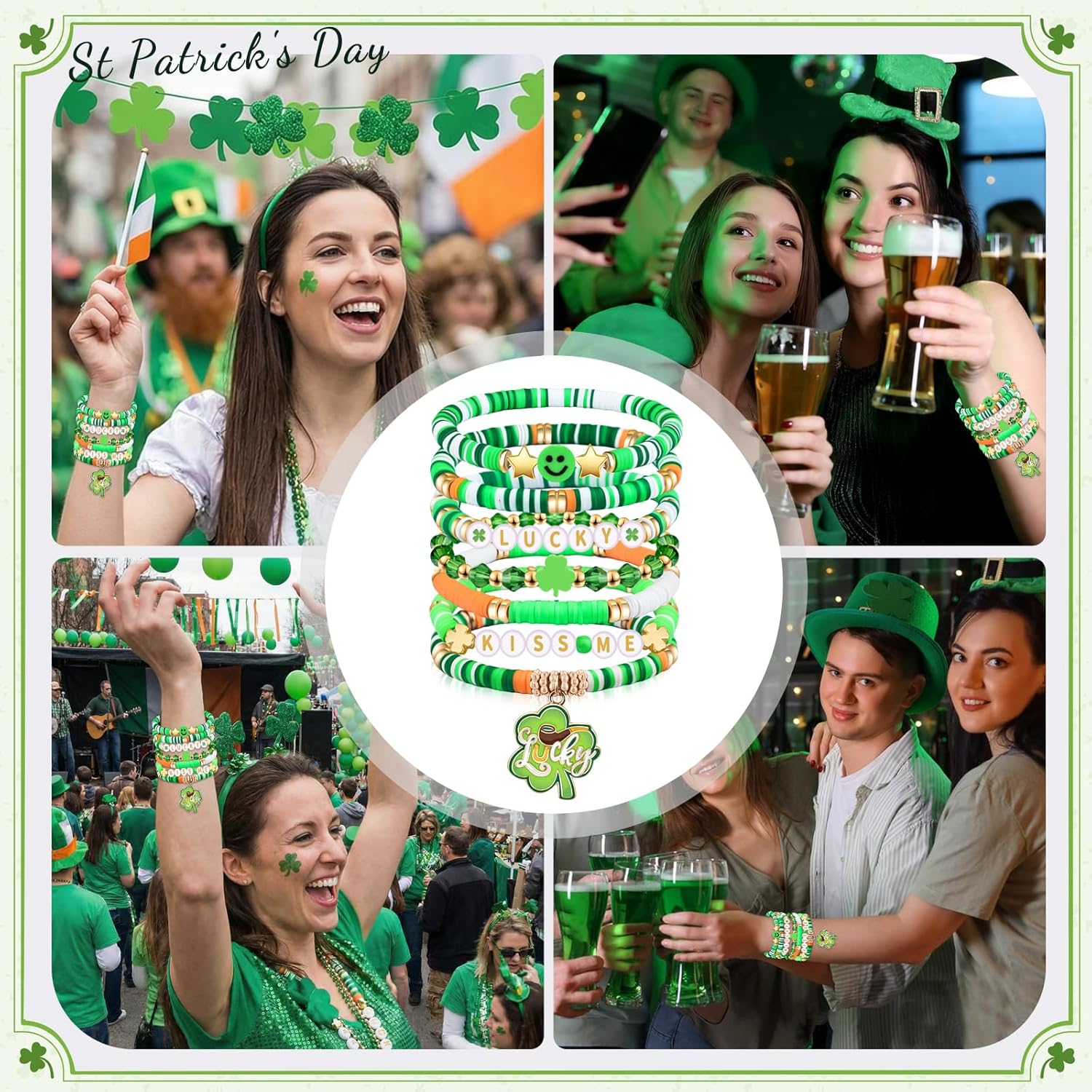 St Patrick‘s Bracelets for Women Men Teens Lucky Kiss Me Shamrock Bead Charms Stretch Bracelets St Patty's Day Gifts Party Outfits Costumes Accessories - Image 6