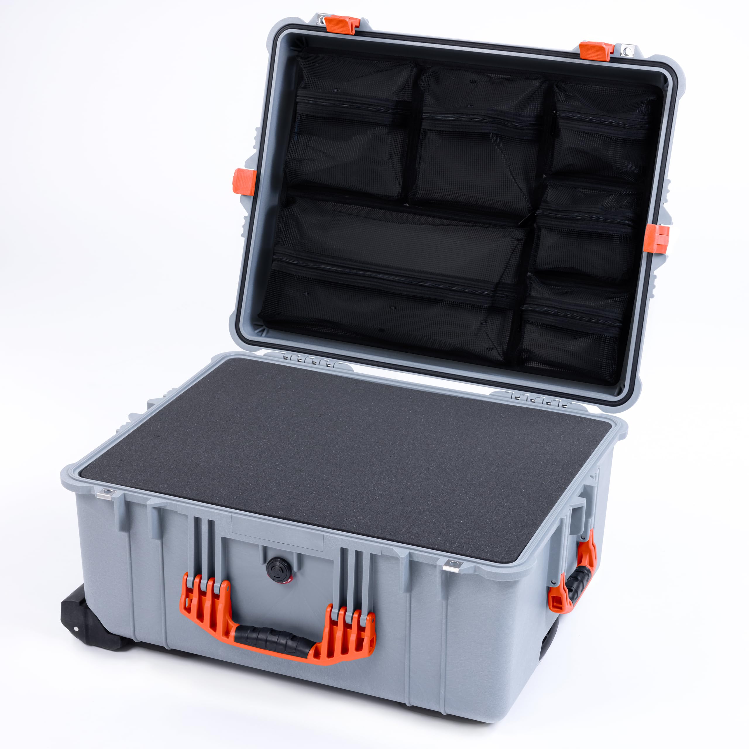 Pelican 1610 Case by ColorCase - Silver - Large Sized Waterproof Case with Pick & Pluck Foam & Mesh Lid Organizer - Orange Handles & Latches