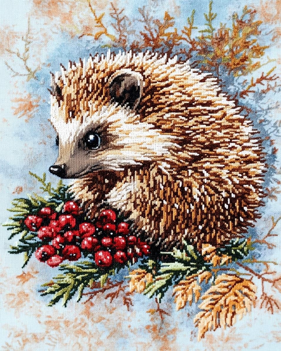 WallustrioaW 11CT Stamped Cross Stitch Kits,Hedgehog and Pine Cone,DIY Cross Stitch Ornament for Adults Beginners,Embroidery Kits Home Decor,40x50cm