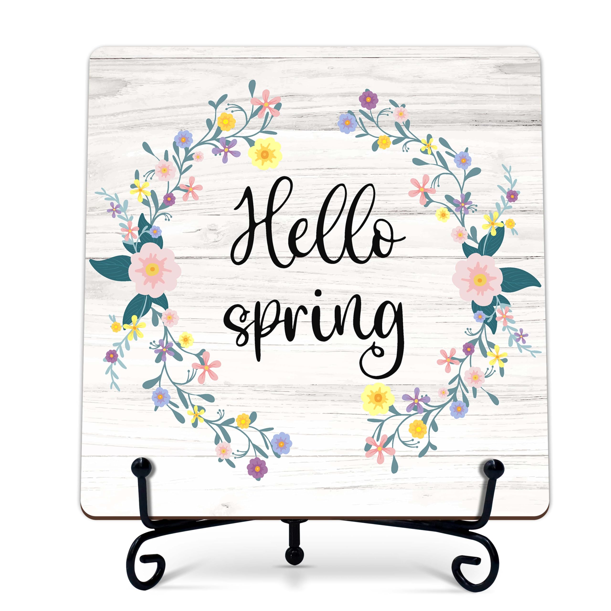 Spring Decor, Hello Spring Wooden Sign, Floral Wreath Desk Wood Decor with Iron Stand, Easter Gifts for Women Wood Sign Decorations for Home Office Bedroom - B05