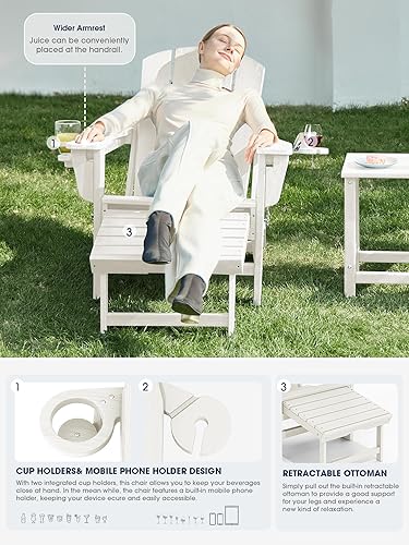 Miniatura 3 de KINGYES Juego de 2 sillas Adirondack plegables ajustables con otomana y 2 portavasos, sillas reclinables Adirondack de polietileno de alta densidad