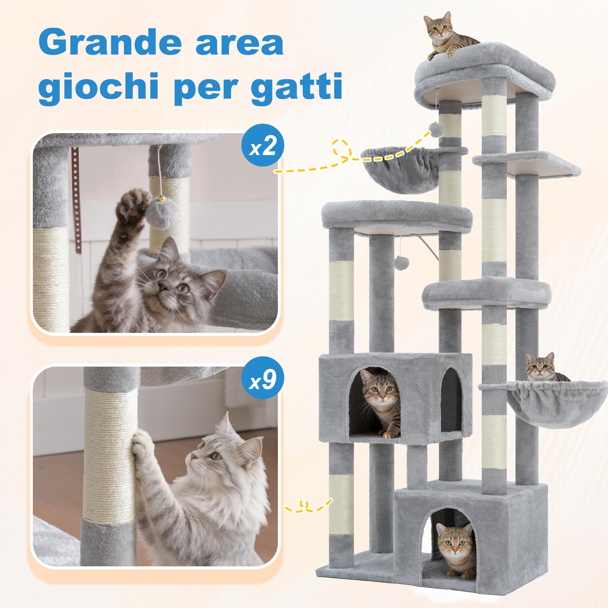 Hey-brother Tiragraffi per Gatti, con 3 Piattaforme, 2 Cucce, MPJ84W
