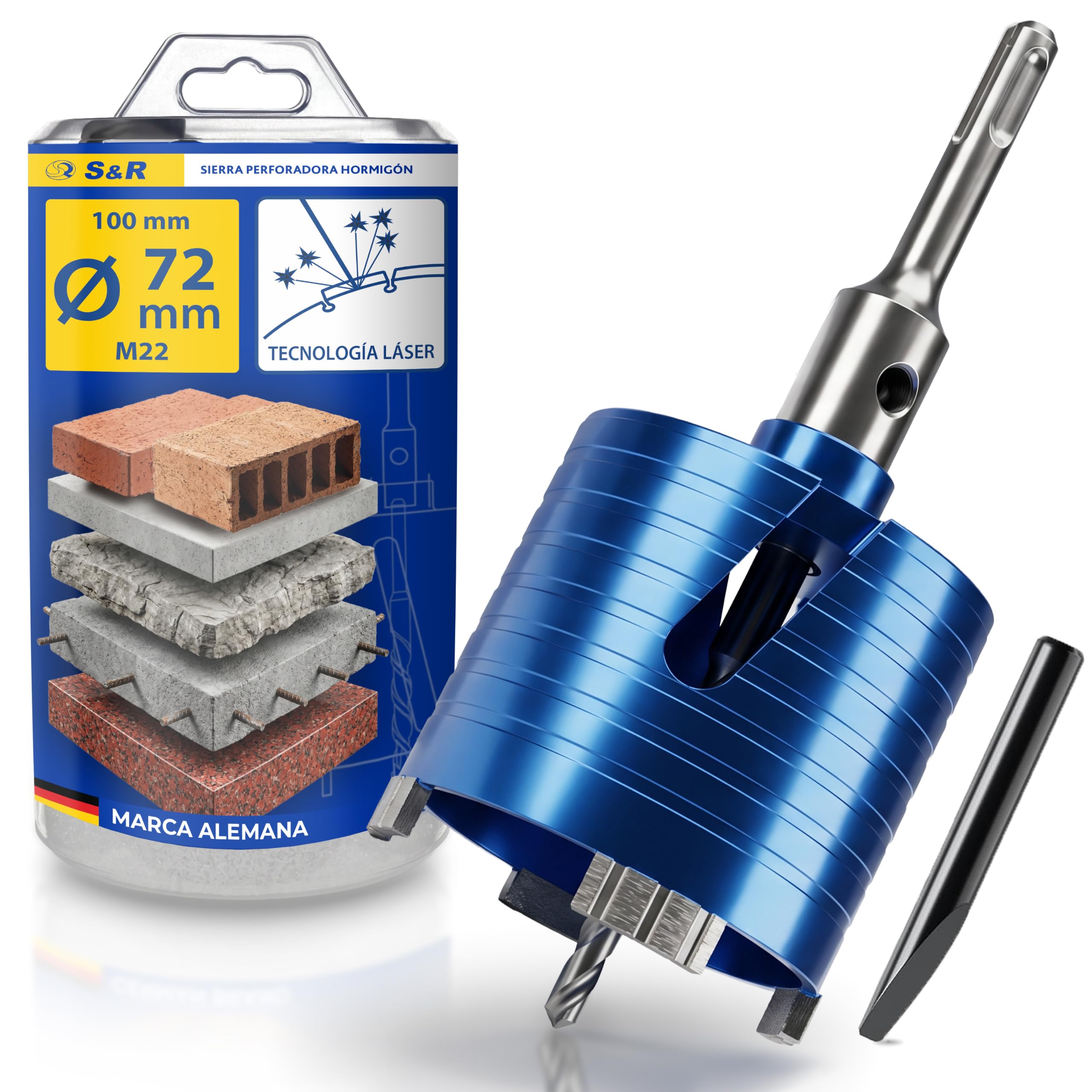 S&R Corona de Perforación de Diamante – Set 72 mm - Altura de segmento 10 | Broca Central 8 x 120 mm + Adaptador SDS-plus + Caja estable - Avellanador de latas