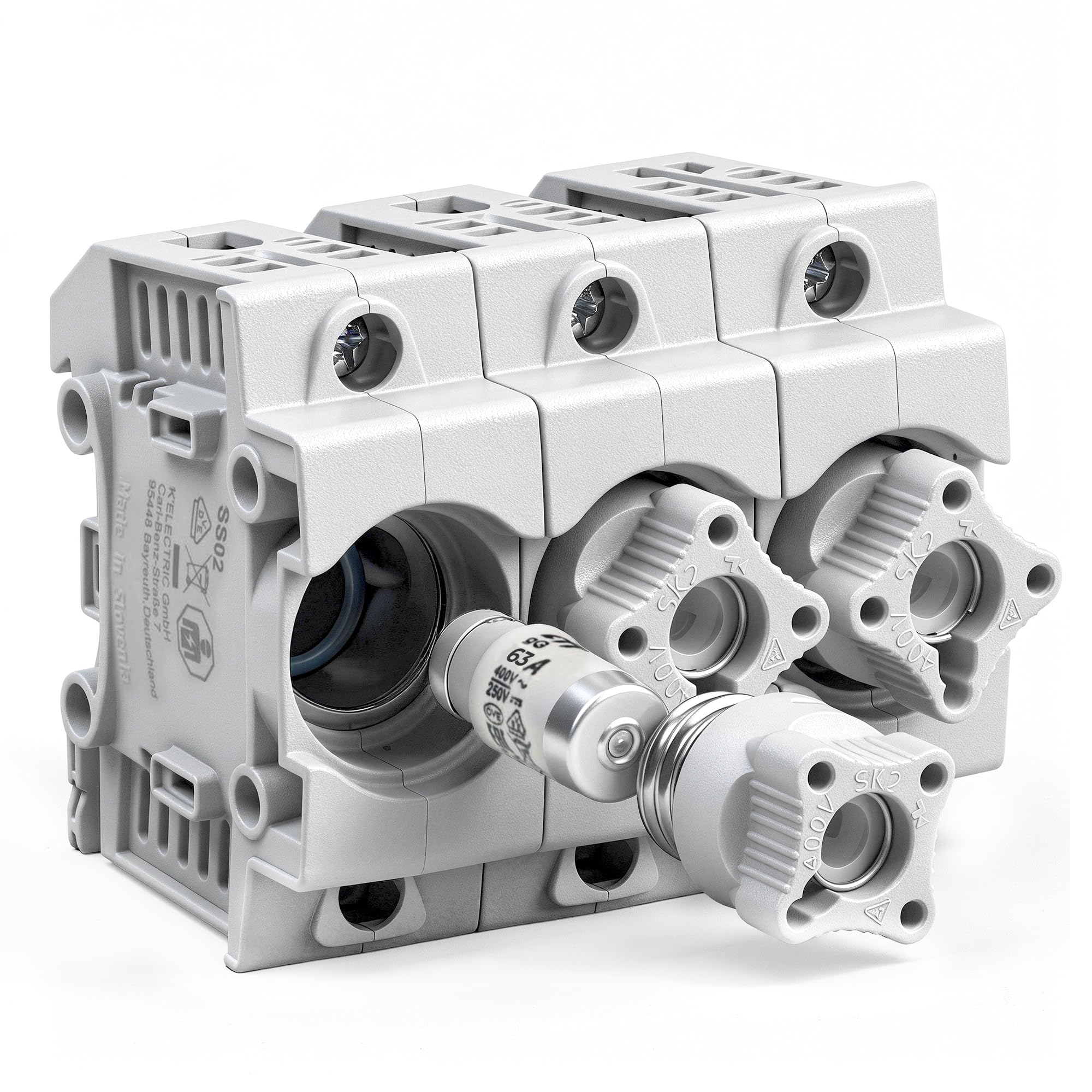 grenda-hammer® | Neozed Sicherungssockel mit Schraubkappen und 3x Schmelzsicherungen (D02-3x63 Ampère (kupfer))