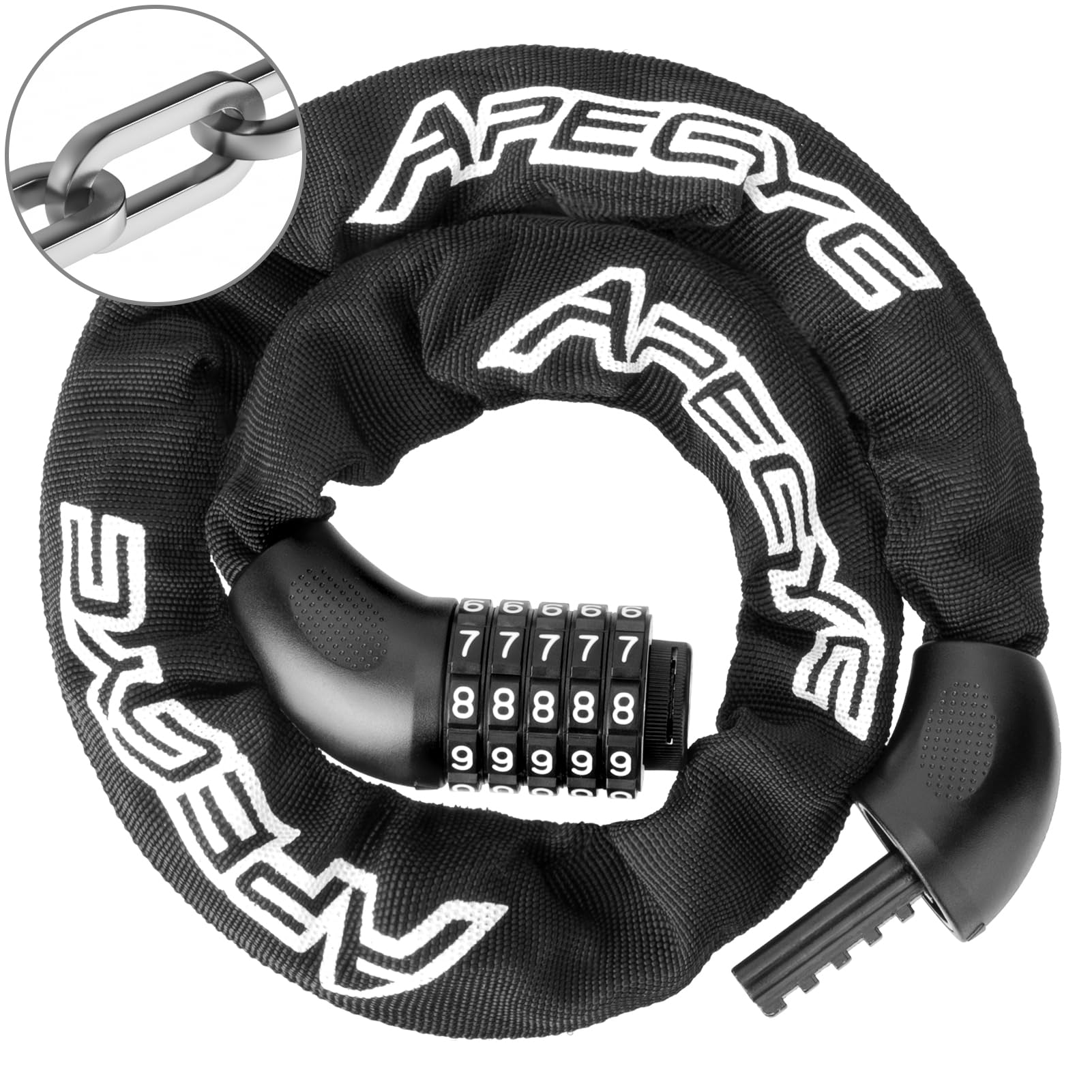 APECYC Fahrradkettenschloss, strapazierfähig, 5-stellige Kombination, Diebstahlschutz, 90 cm, gehärteter Stahl, quadratische Glieder, Schlösser für Fahrrad, E-Bike, Motorrad, Roller, Tor
